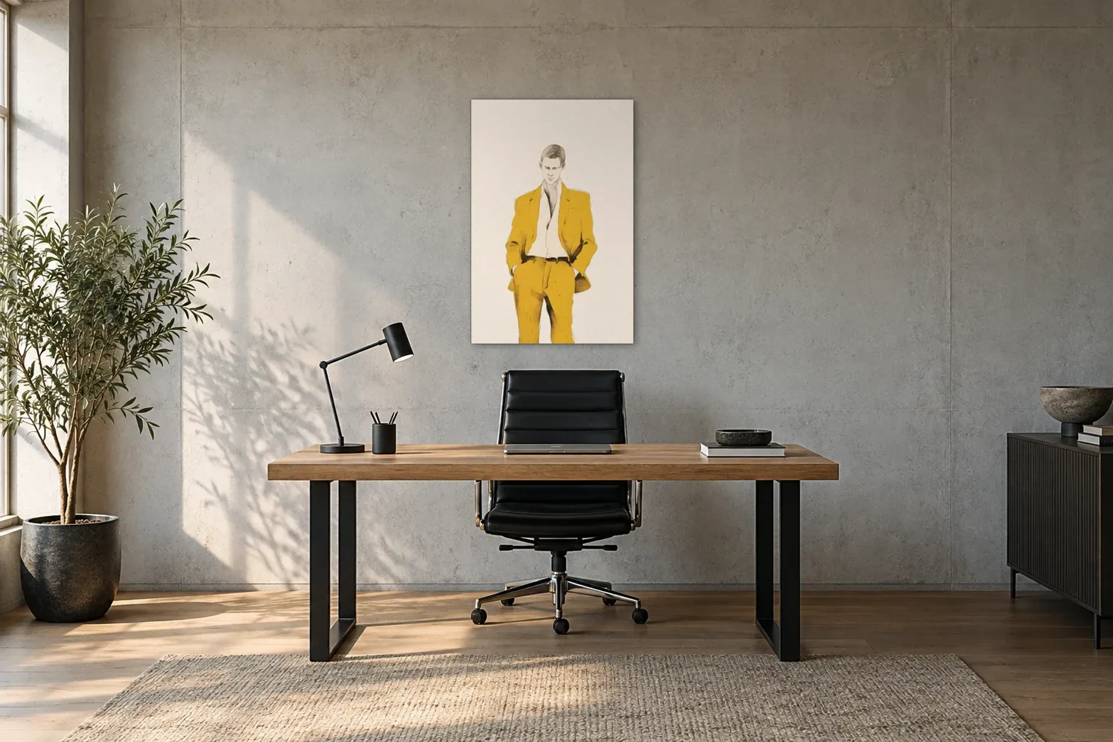 Mann im gelben Anzug als Wandbild über einem 160-cm-Schreibtisch