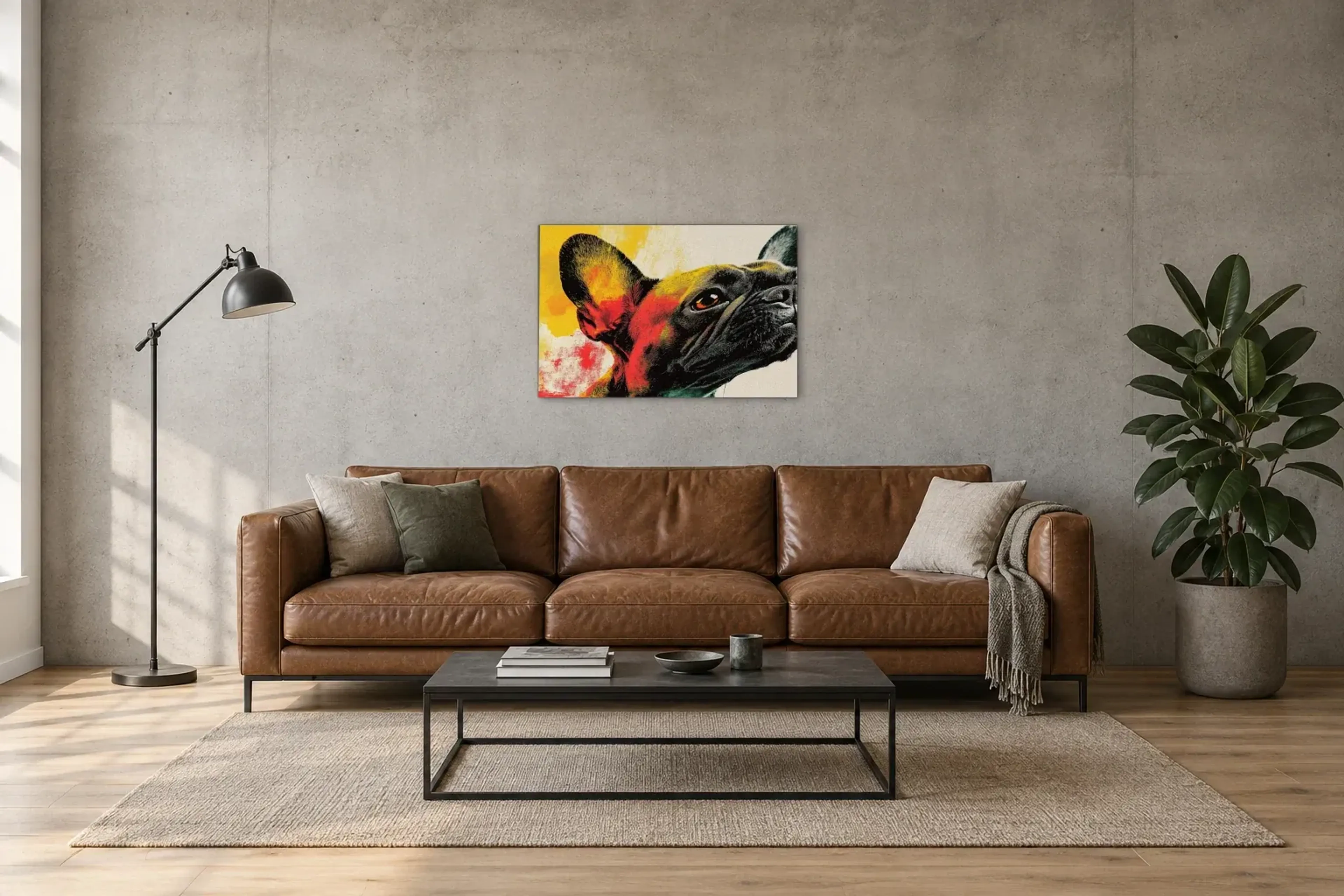 Bulldogge im Nahblick als Wandbild über einem 220-cm-Sofa