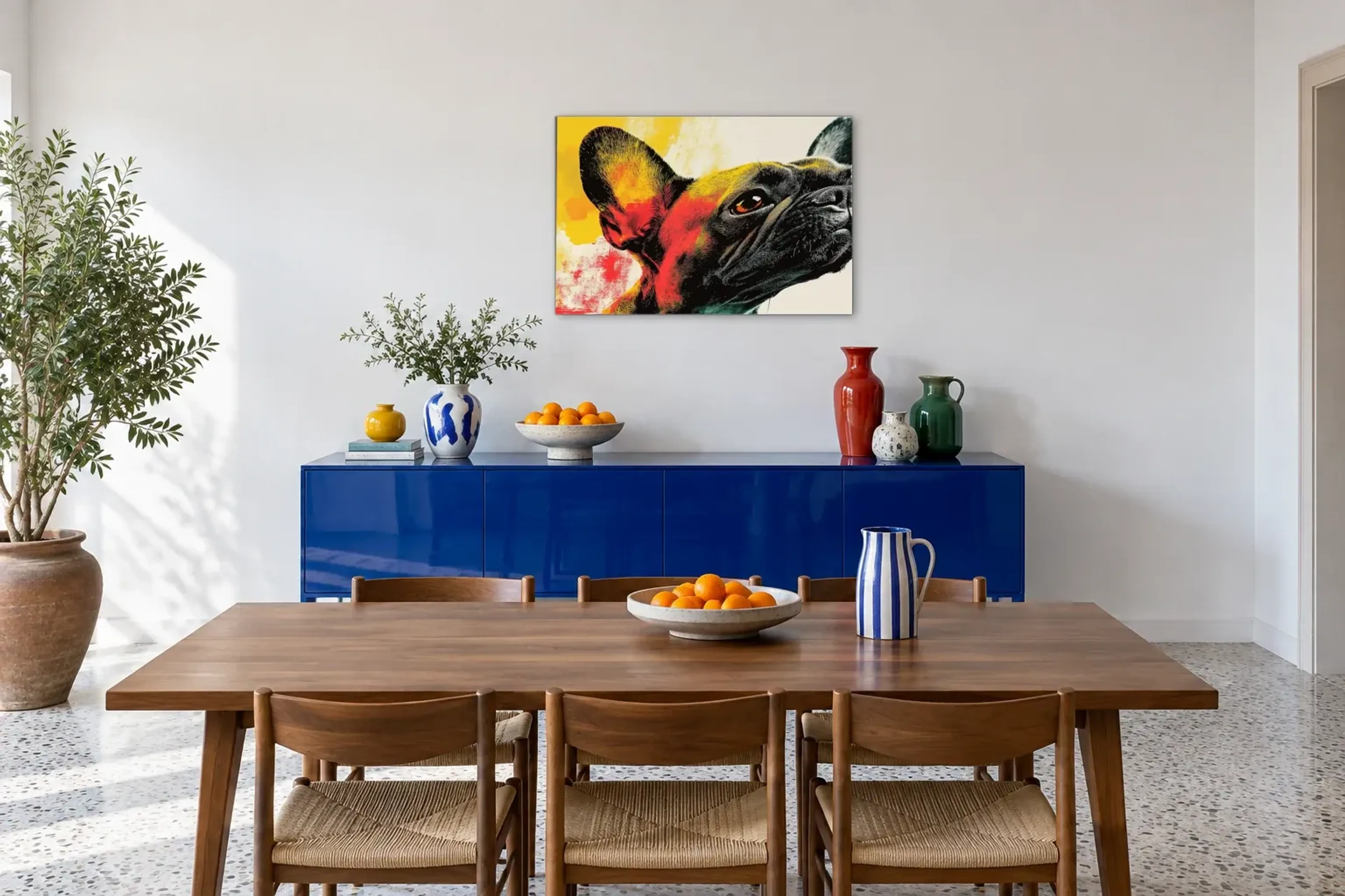 Bulldogge im Nahblick als Wandbild über einem 180-cm-Sideboard