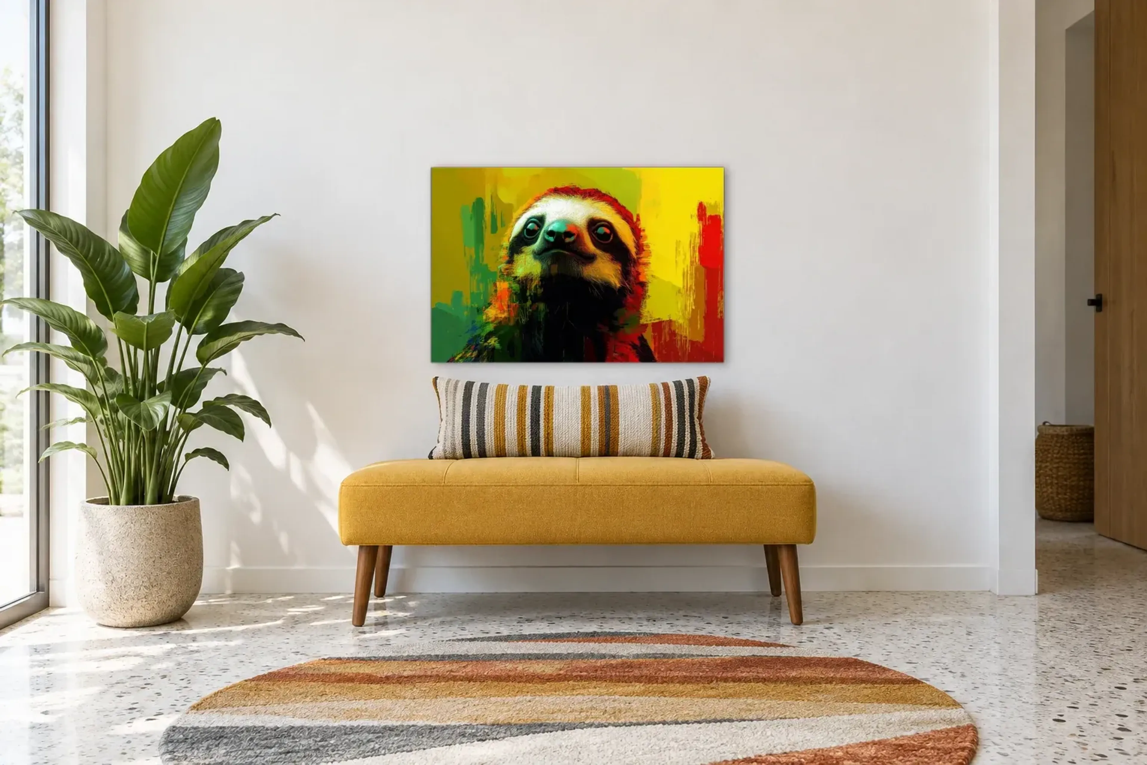 Faultier vor Sonnengelb als Wandbild über einer 120-cm-Bank