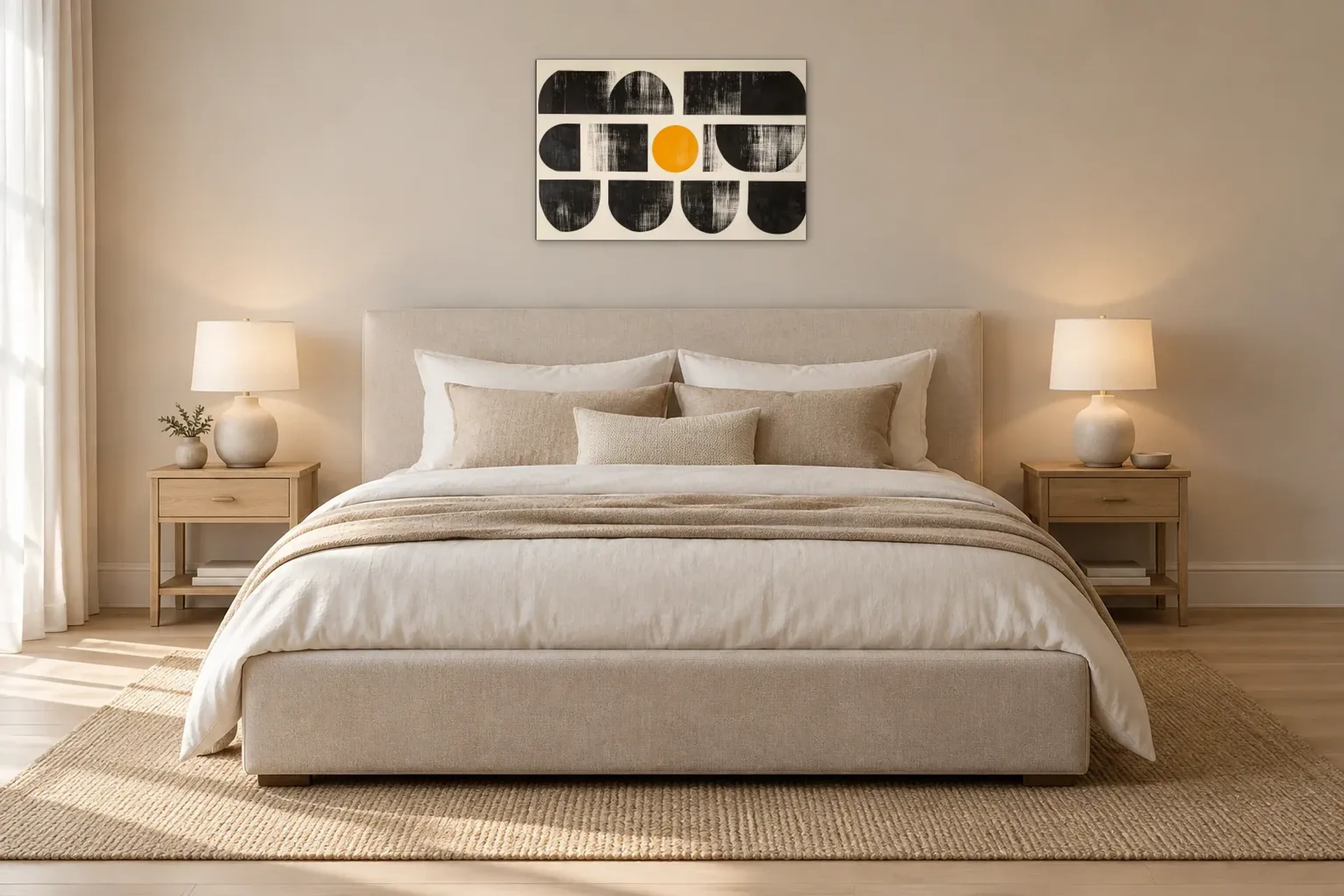Formenspiel mit gelbem Kreis als Wandbild über einem 180-cm-Bett