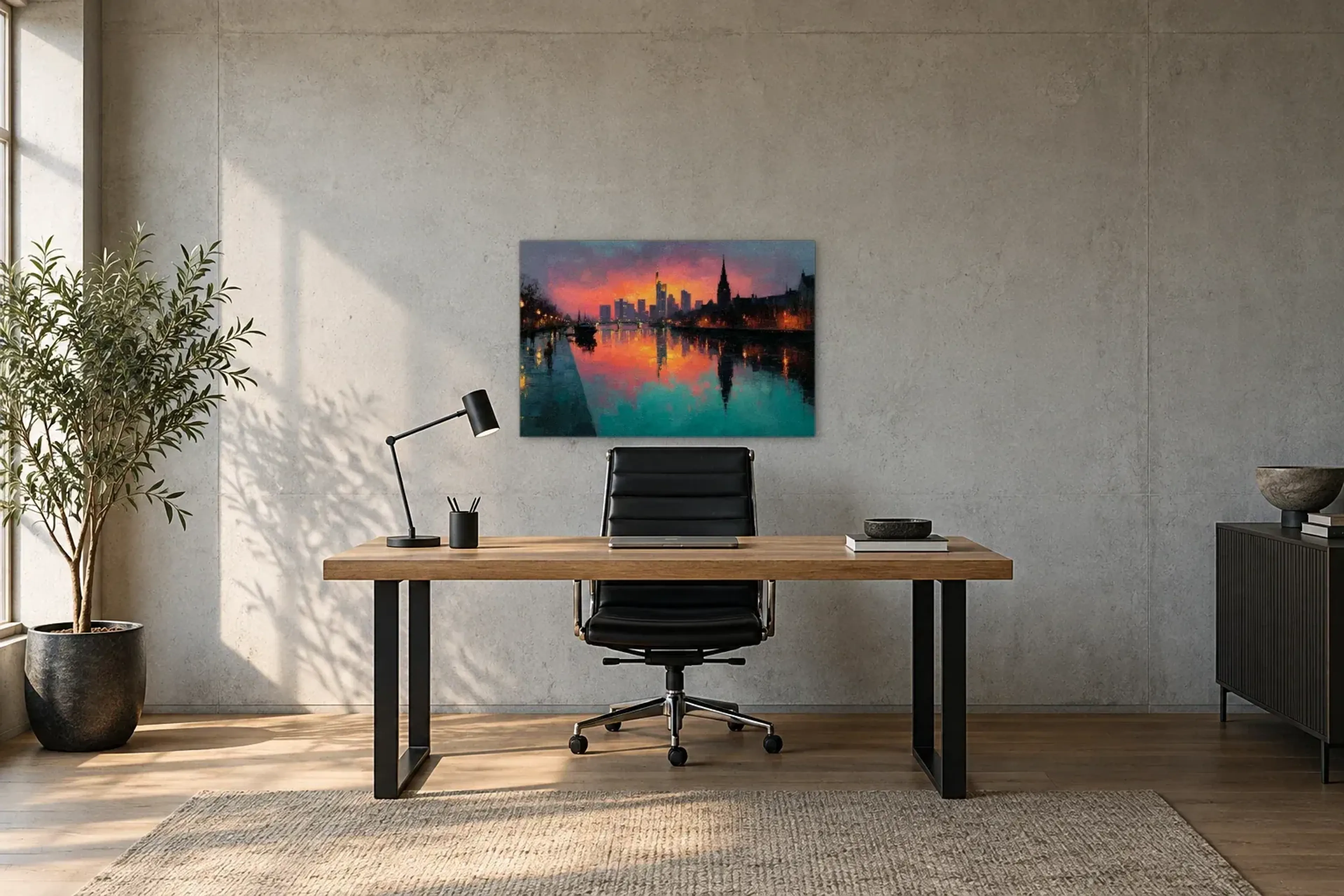 Frankfurt im leuchtenden Abendrot als Wandbild über einem 160-cm-Schreibtisch