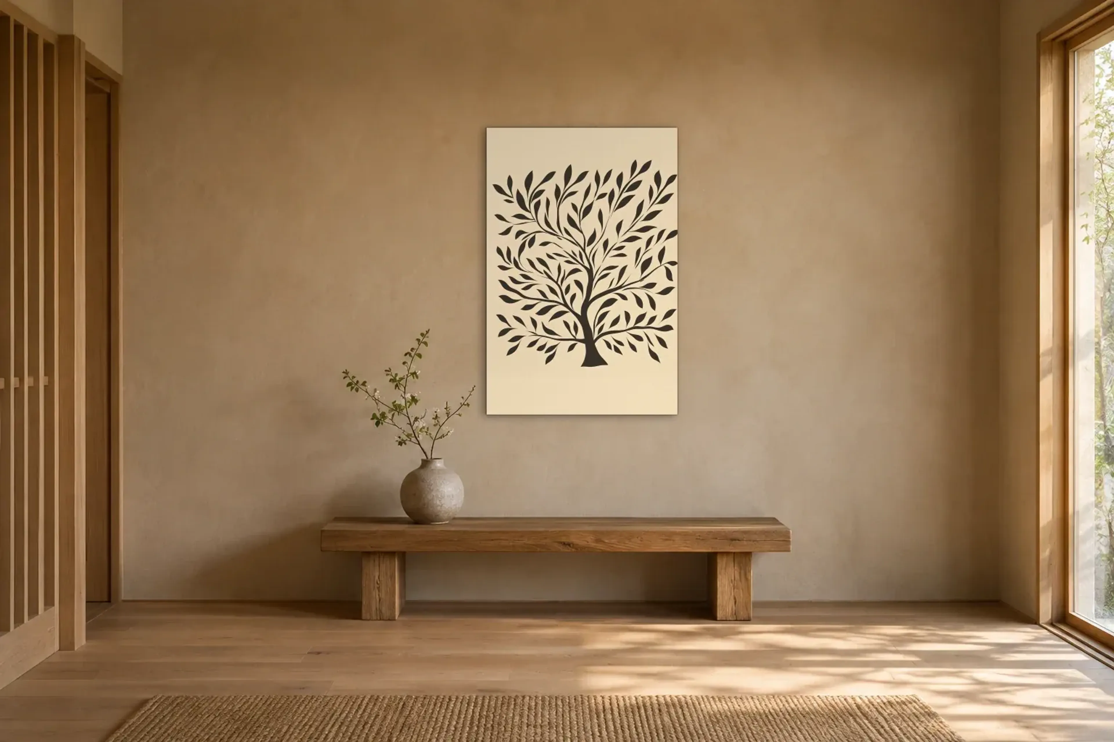 Baum in Silhouette als Wandbild über einer 120-cm-Holzbank