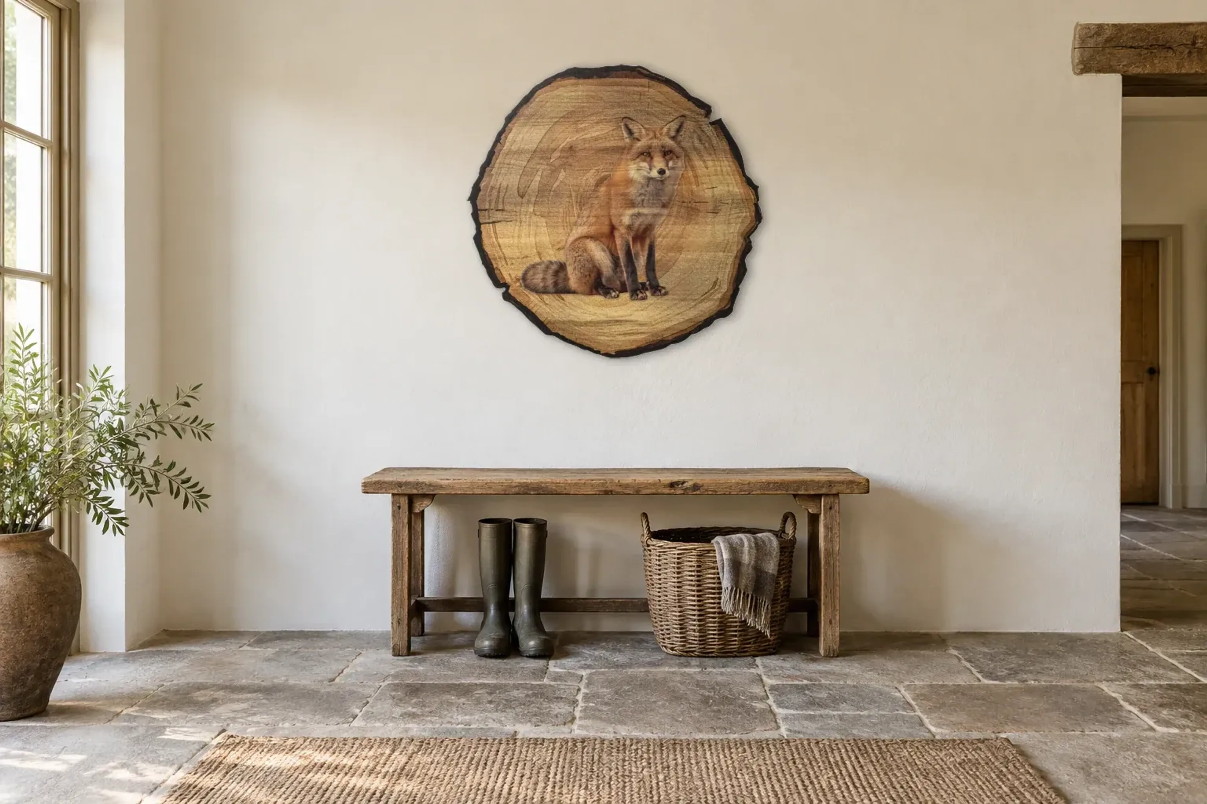 Sitzender Fuchs als Wandbild über einer 120-cm-Bank