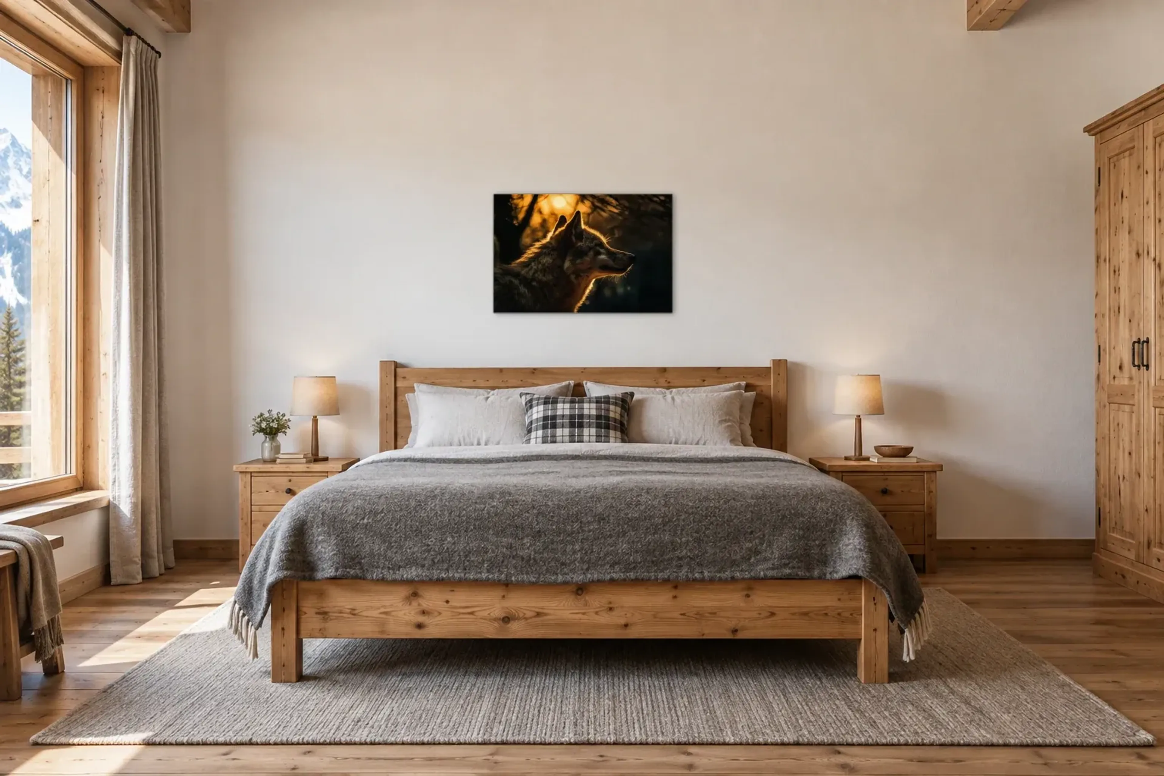 Wolf im Abendlicht als Wandbild über einem 180-cm-Bett