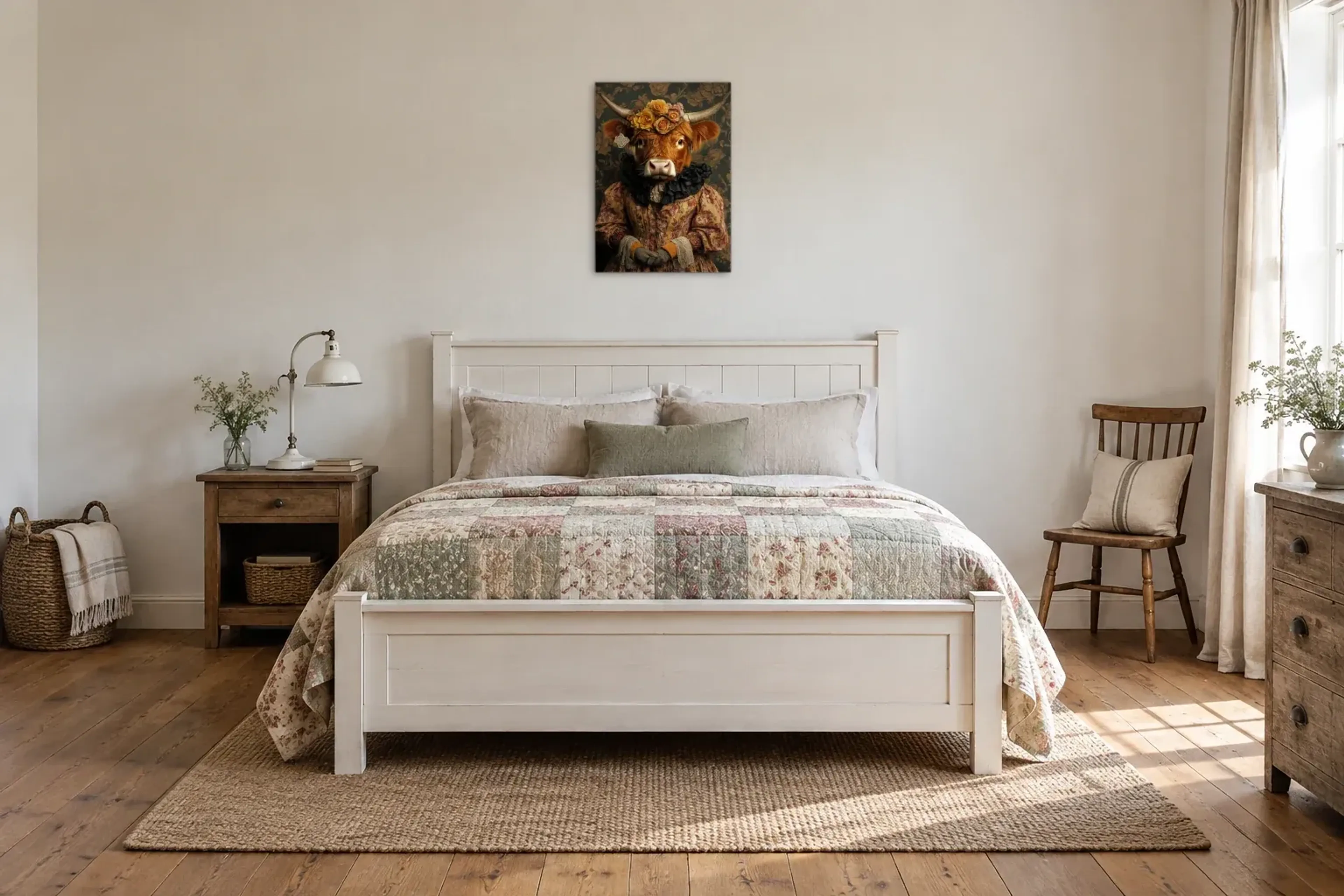 Hochlandrind im Blumenkleid als Wandbild über einem 160-cm-Bett