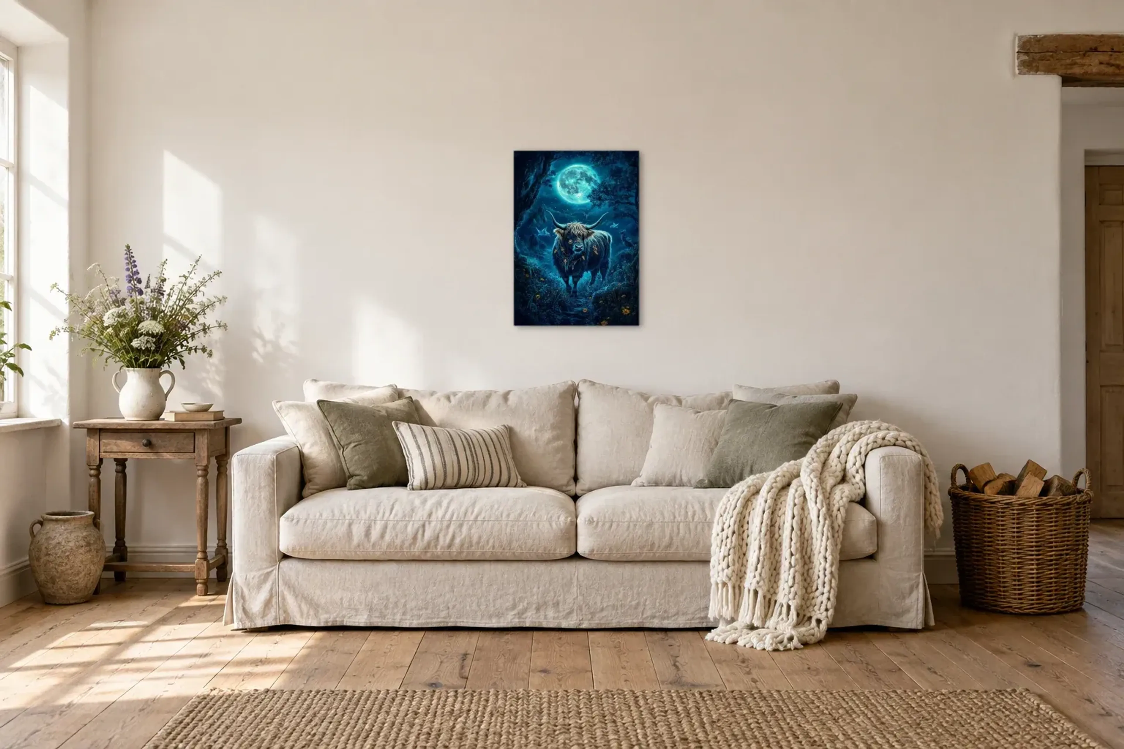 Hochlandrind im Mondschein als Wandbild über einem 220-cm-Sofa