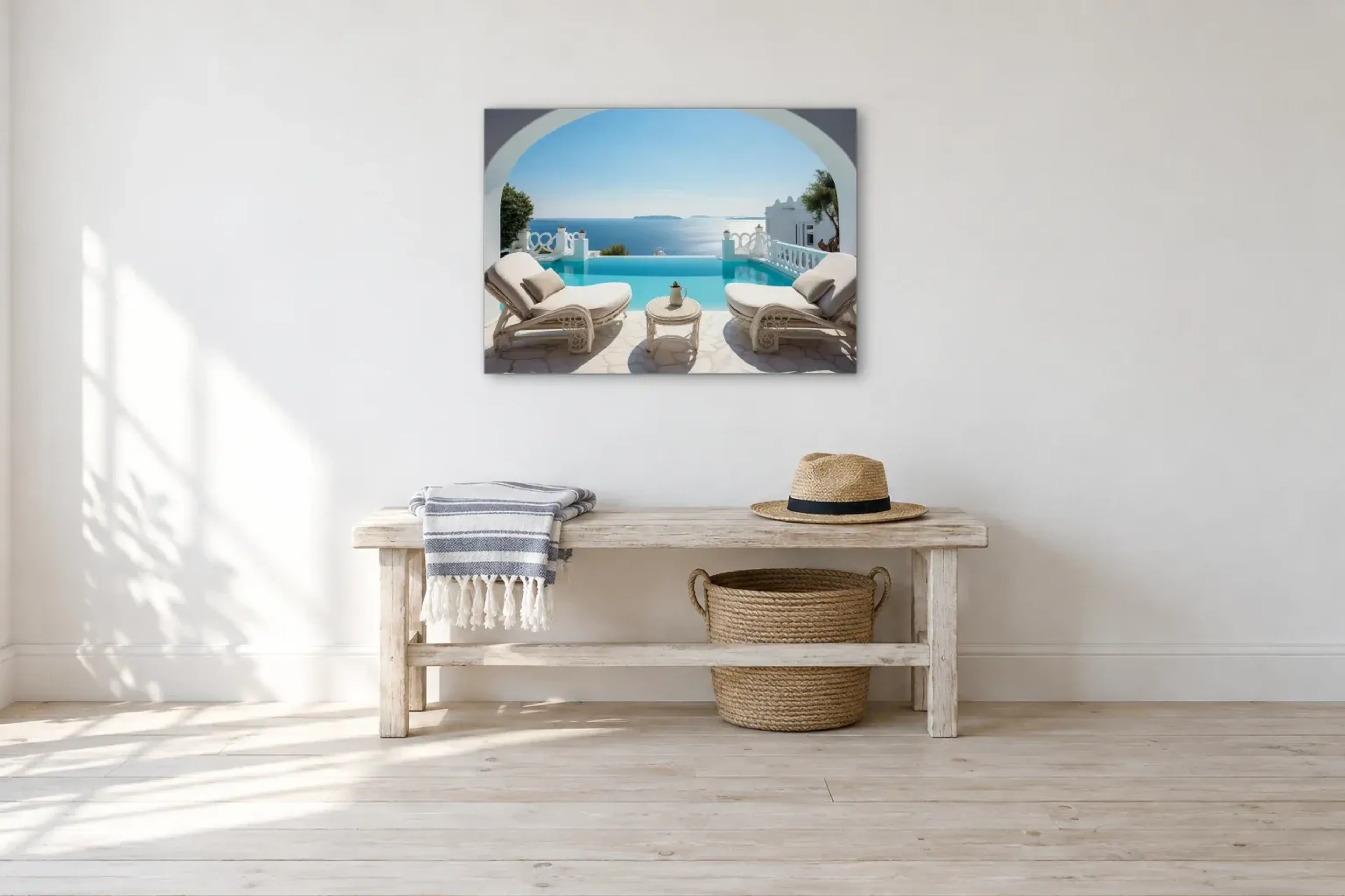 Terrasse mit Meerblick als Wandbild über einer 100-cm-Bank
