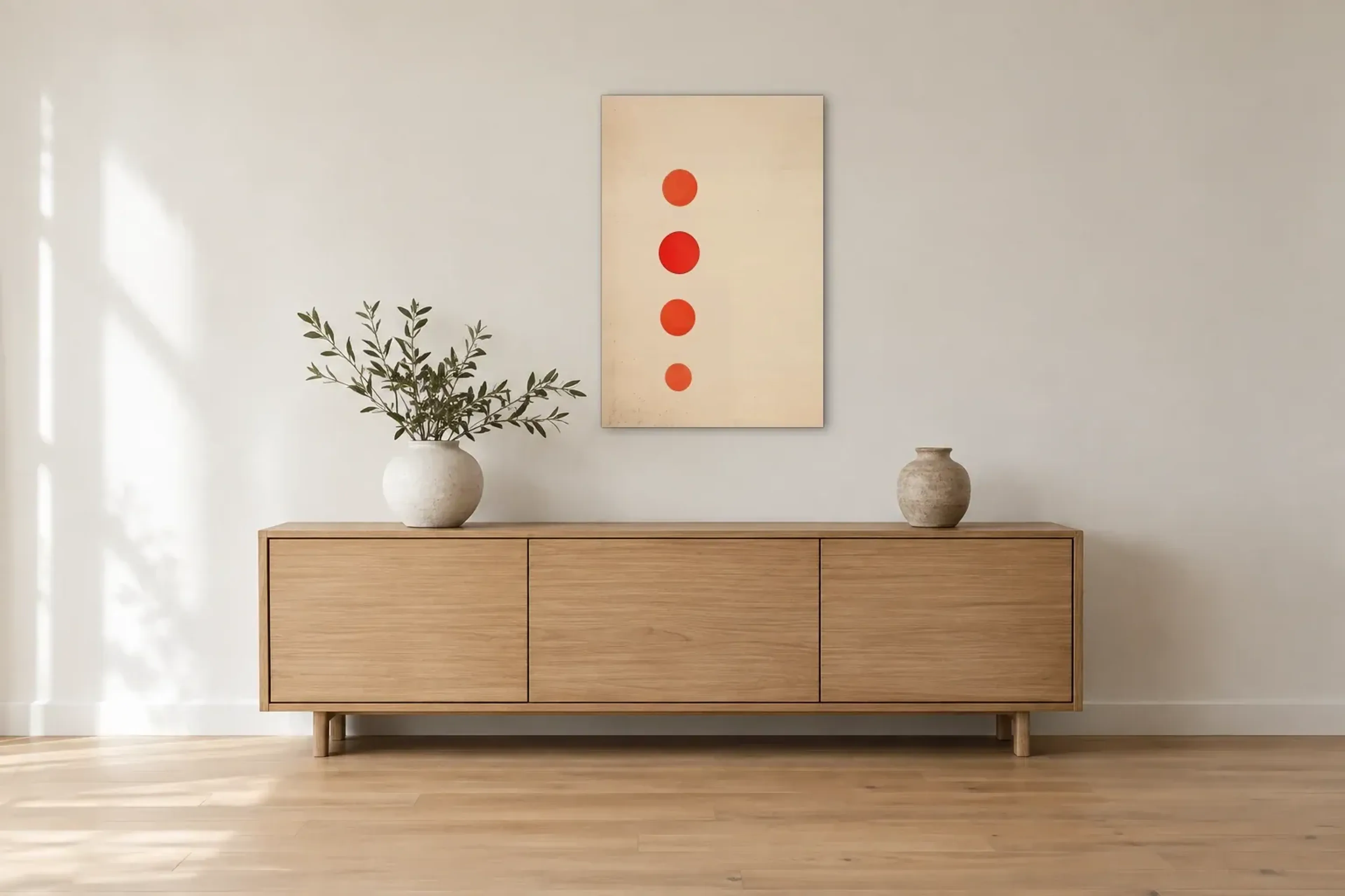 Rote Punkte in Reihe als Wandbild über einem 180-cm-Sideboard