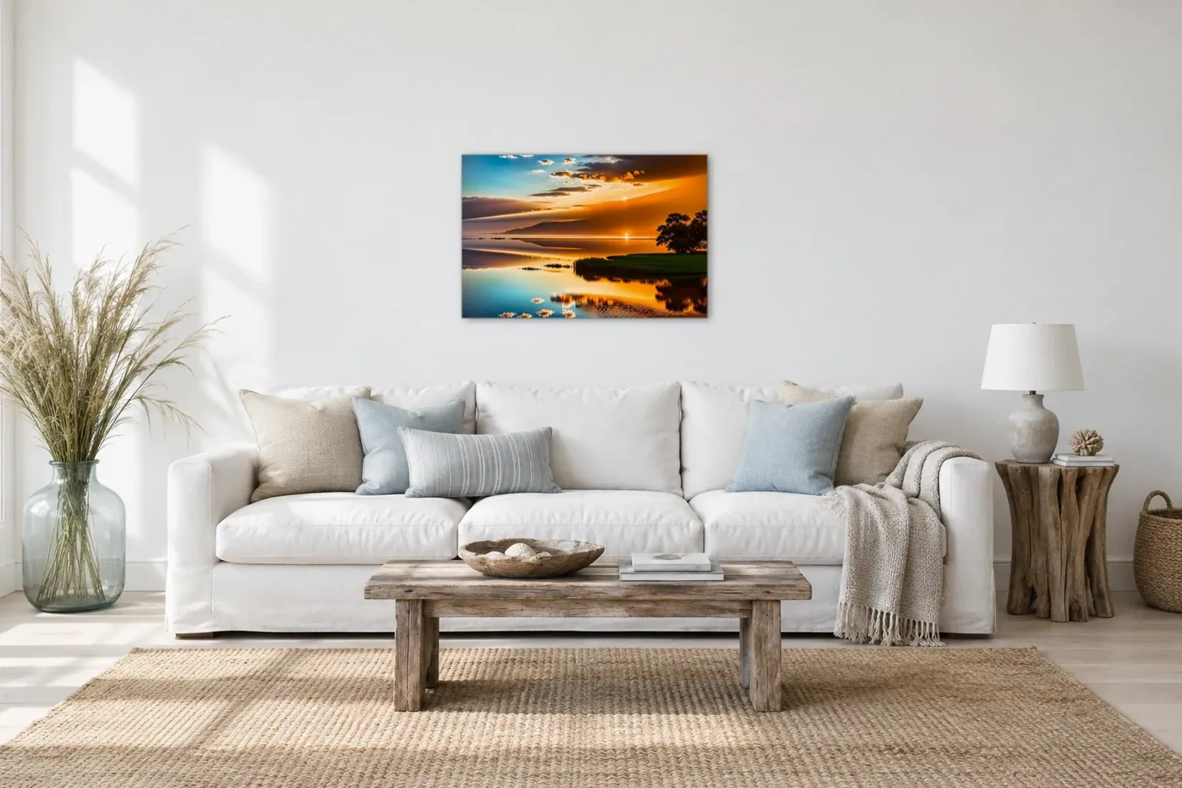 See im Abendlicht als Wandbild über einem 220-cm-Sofa