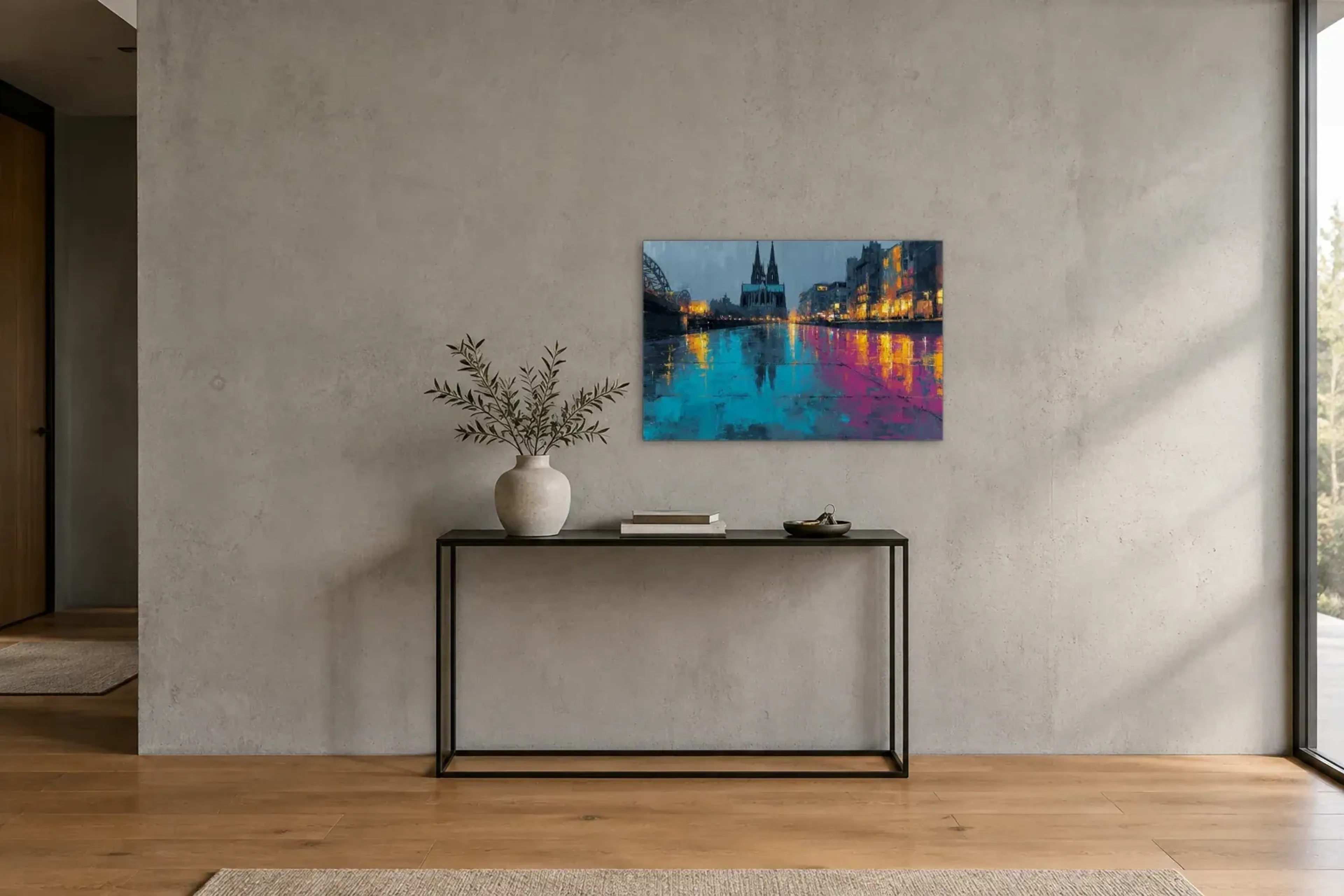 Köln in leuchtenden Reflexionen als Wandbild über einer 120-cm-Konsole