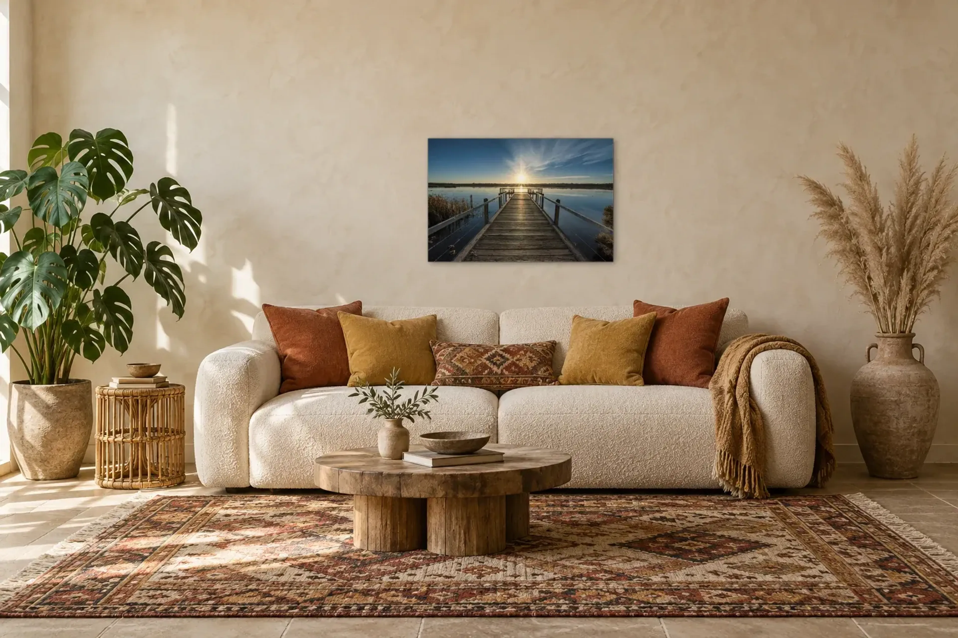 Steg zur tiefstehenden Sonne als Wandbild über einem 220-cm-Sofa
