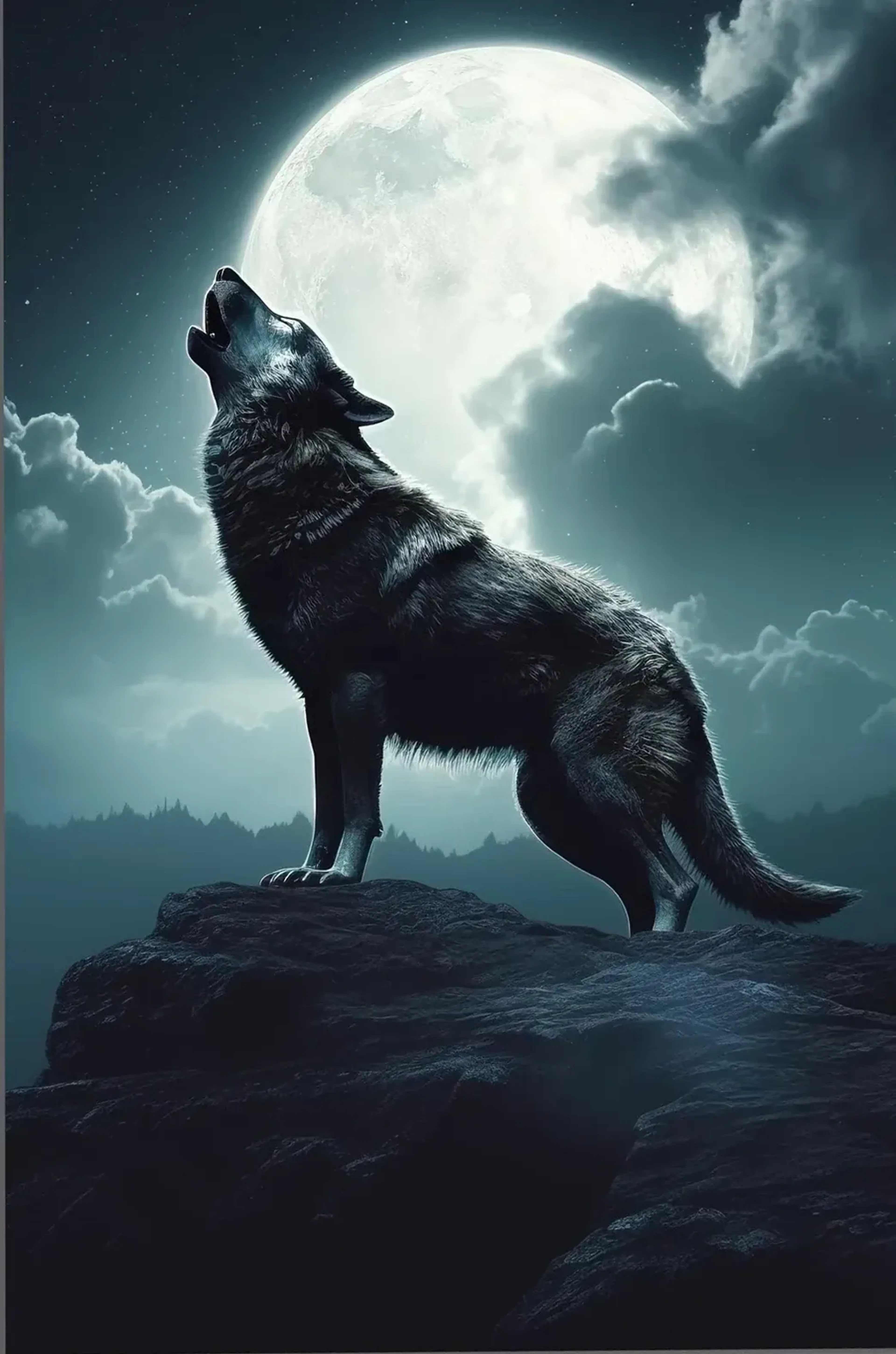 Ein heulender Wolf steht auf einem dunklen Felsen vor einem großen Vollmond und blaugrünen Wolken.