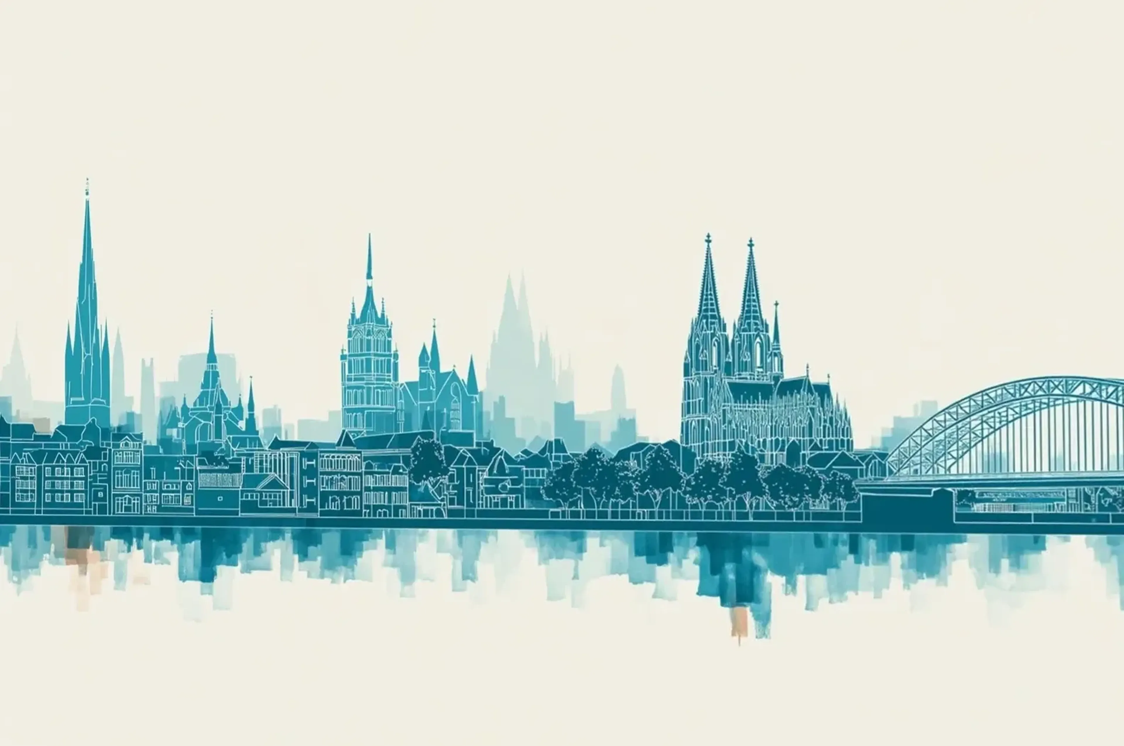 Türkise Stadtsilhouette mit Kölner Dom, Bogenbrücke und angedeuteten Spiegelungen auf cremefarbenem Grund.
