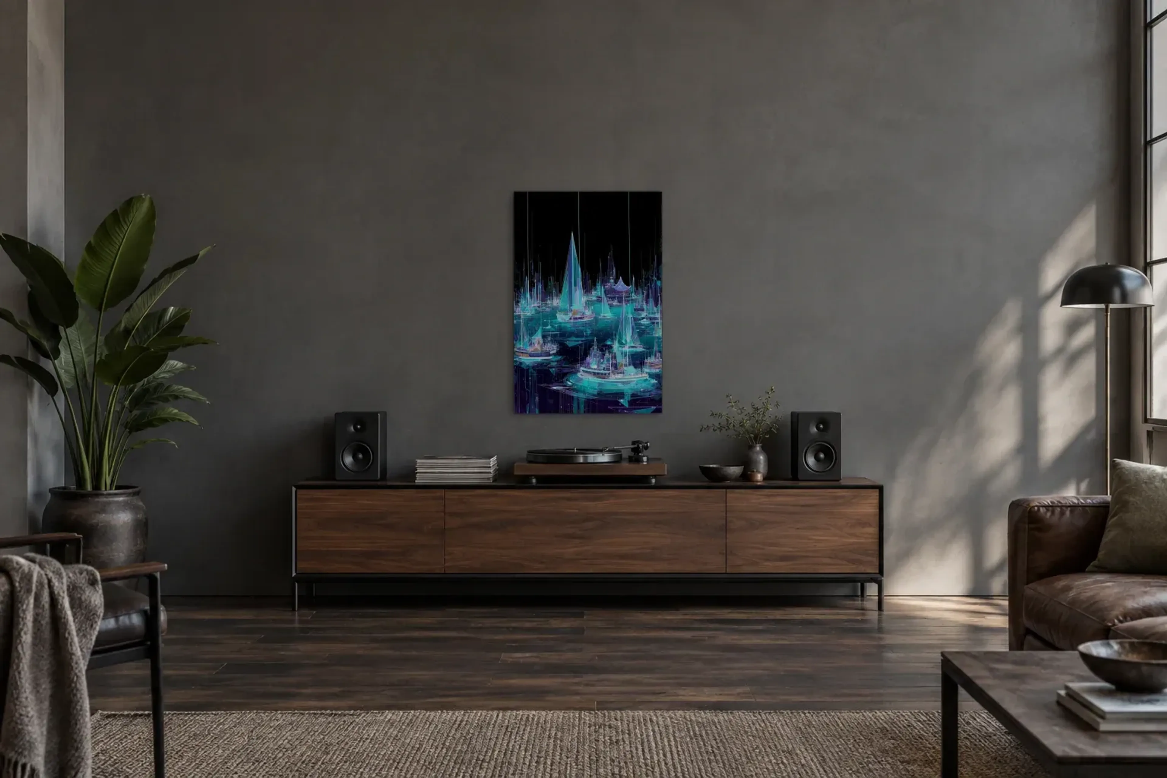 Hafen aus Lichtlinien als Wandbild über einem 200-cm-Sideboard