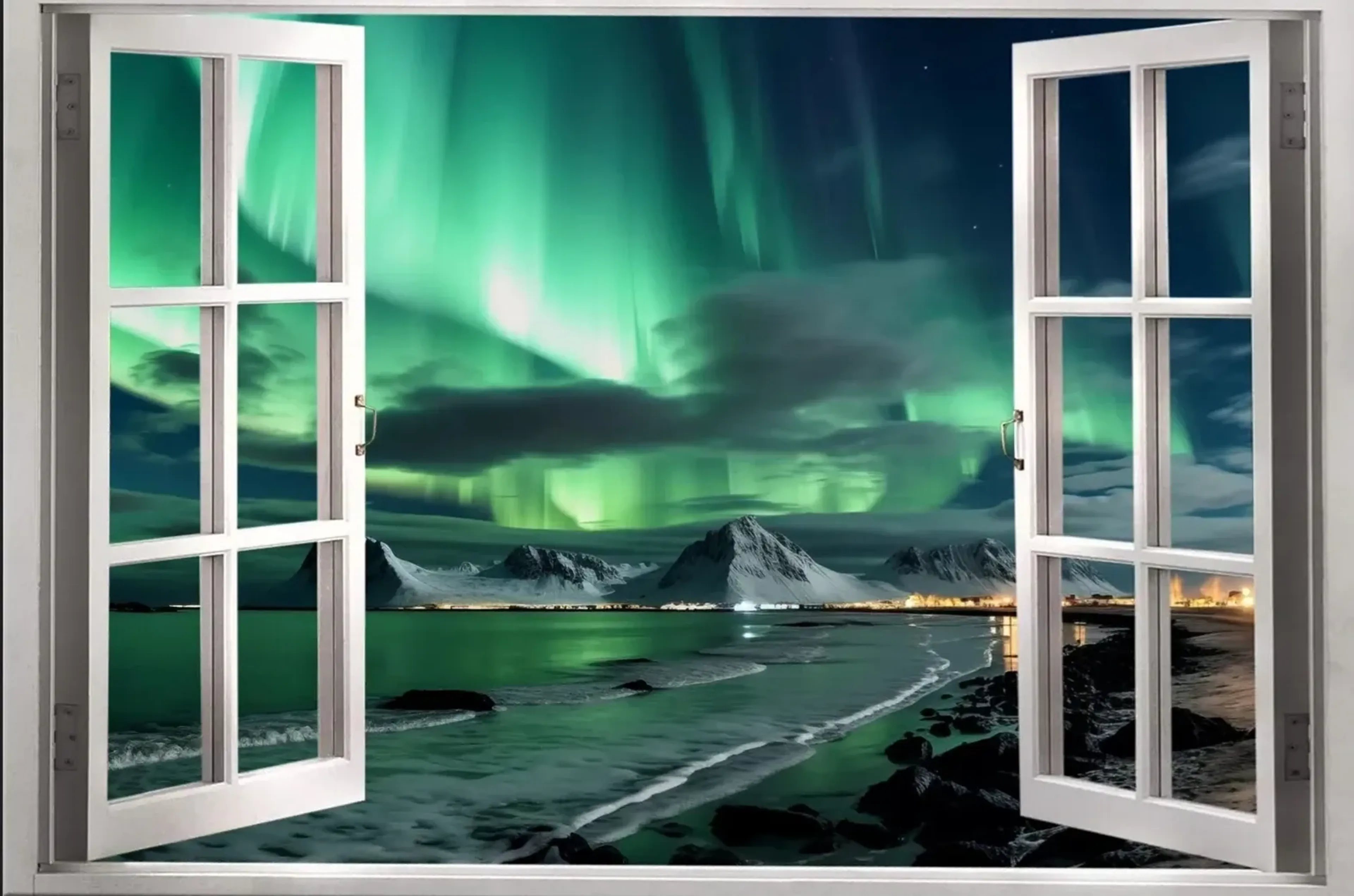 Offene weiße Fensterflügel rahmen grüne Polarlichter über einer Küste mit schneebedeckten Bergen.
