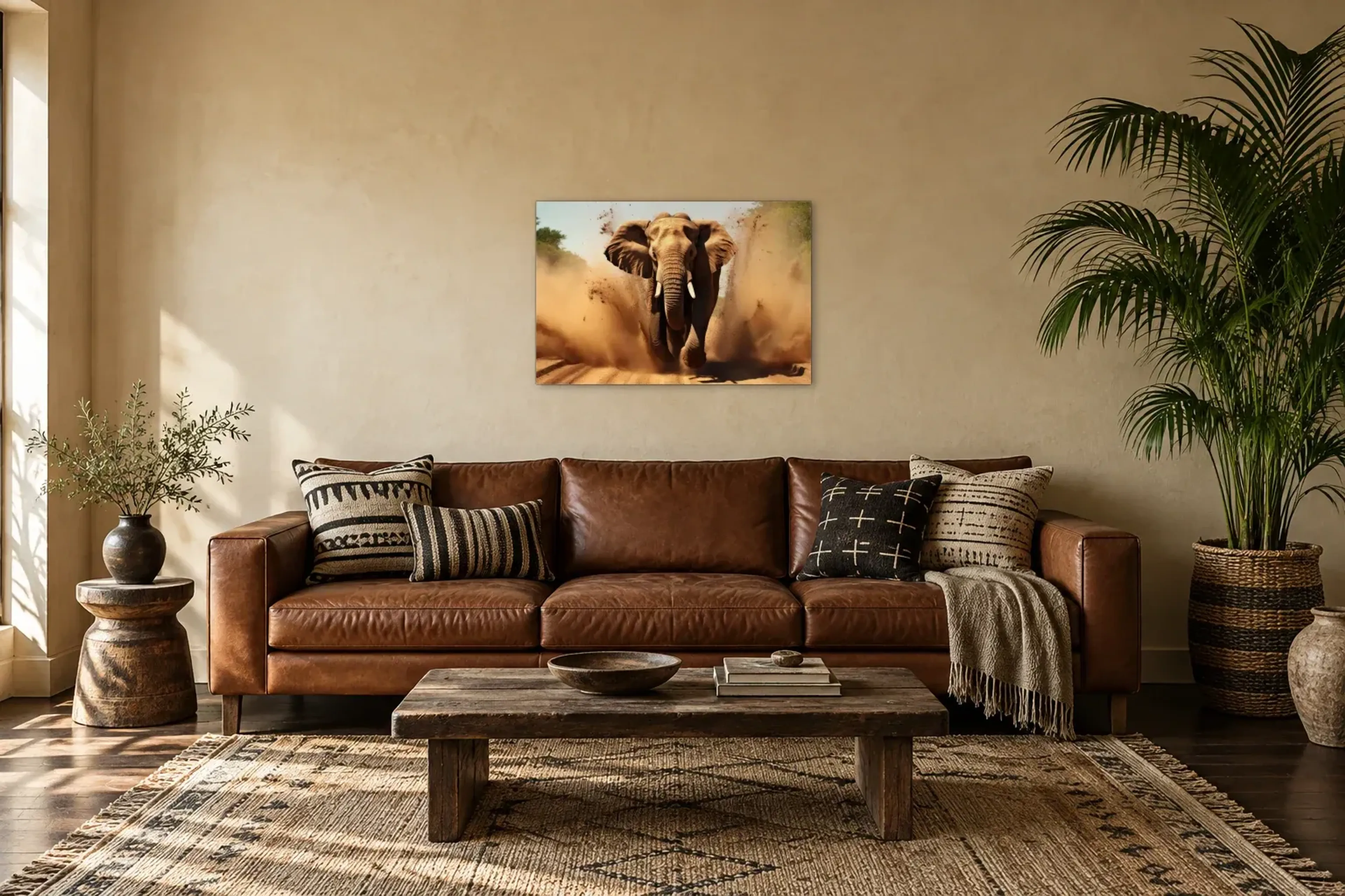 Elefant rennt als Wandbild über einem 220-cm-Sofa