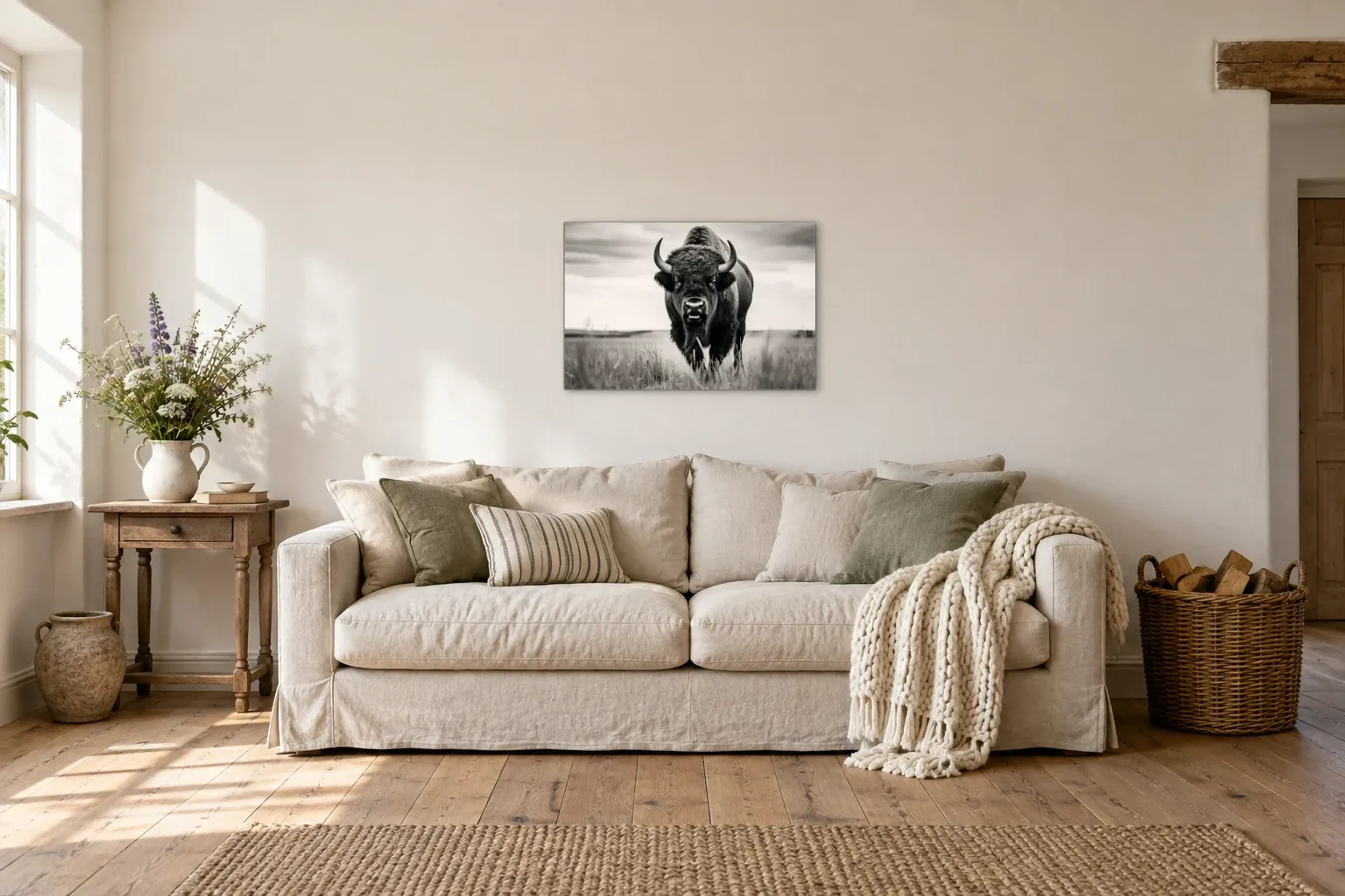 Bison in Schwarz-Weiß als Wandbild über einem 220-cm-Sofa