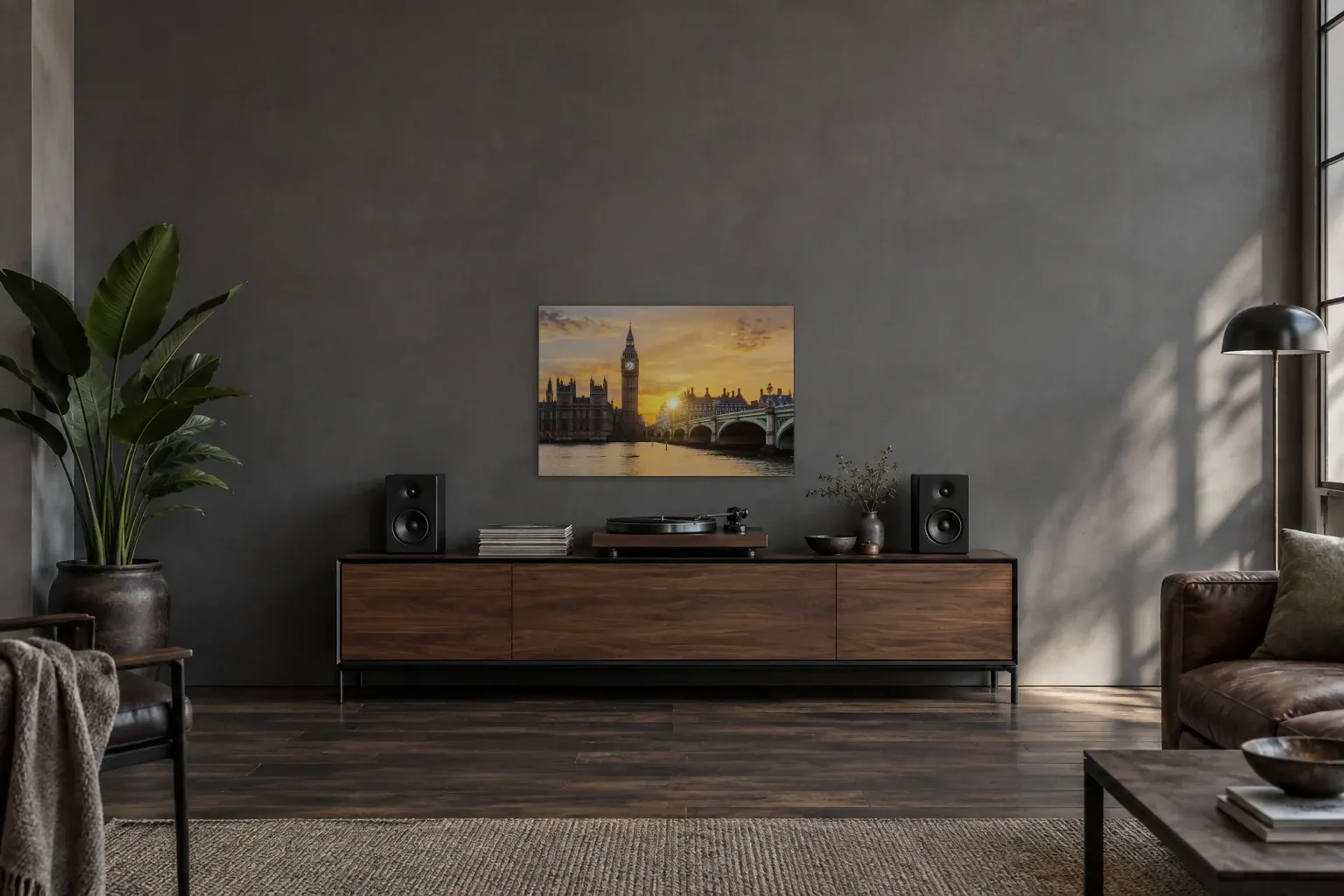 London im goldenen Licht als Wandbild über einem 200-cm-Sideboard