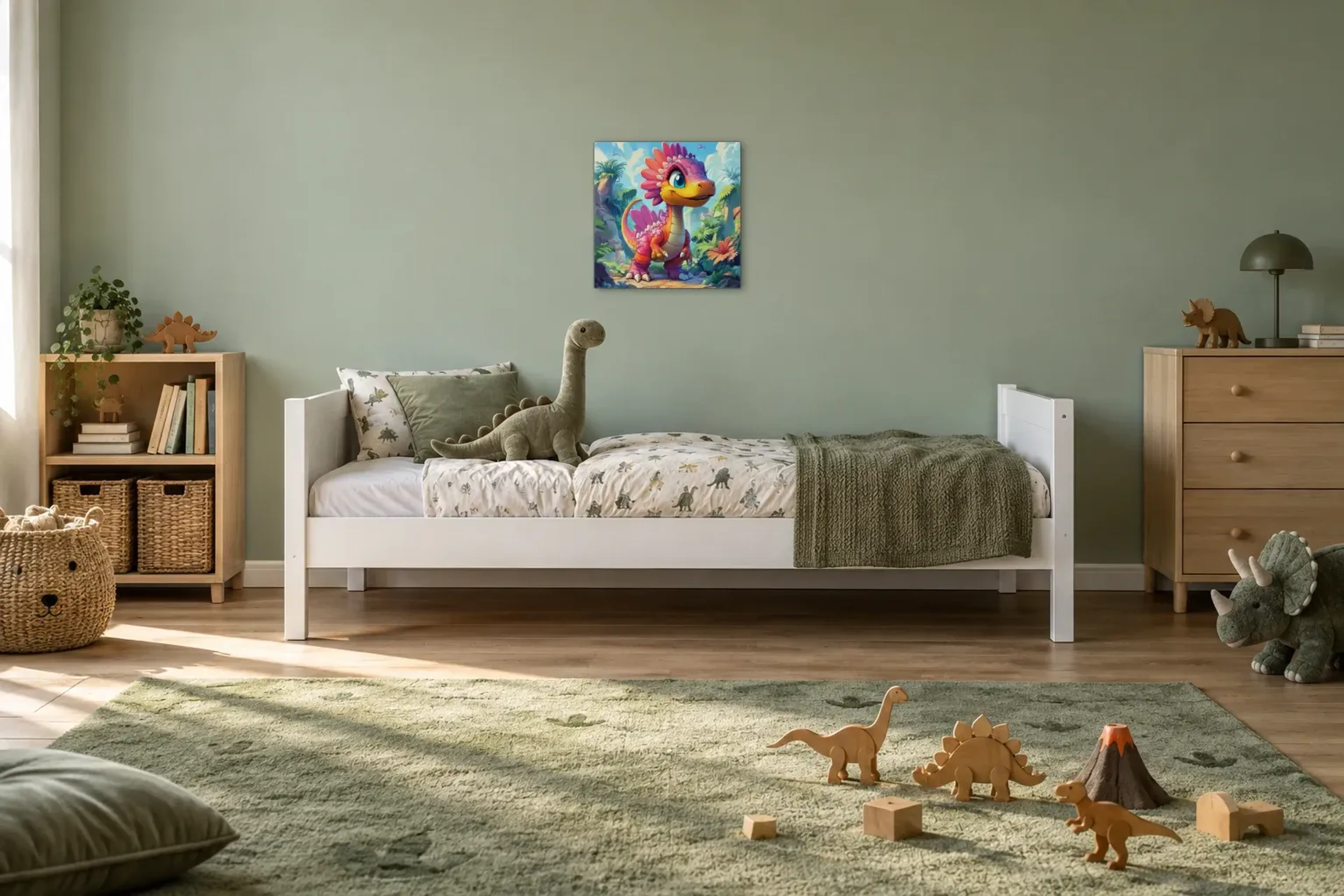 Dino in Pink und Gelb als Wandbild über einem 200-cm-Kinderbett