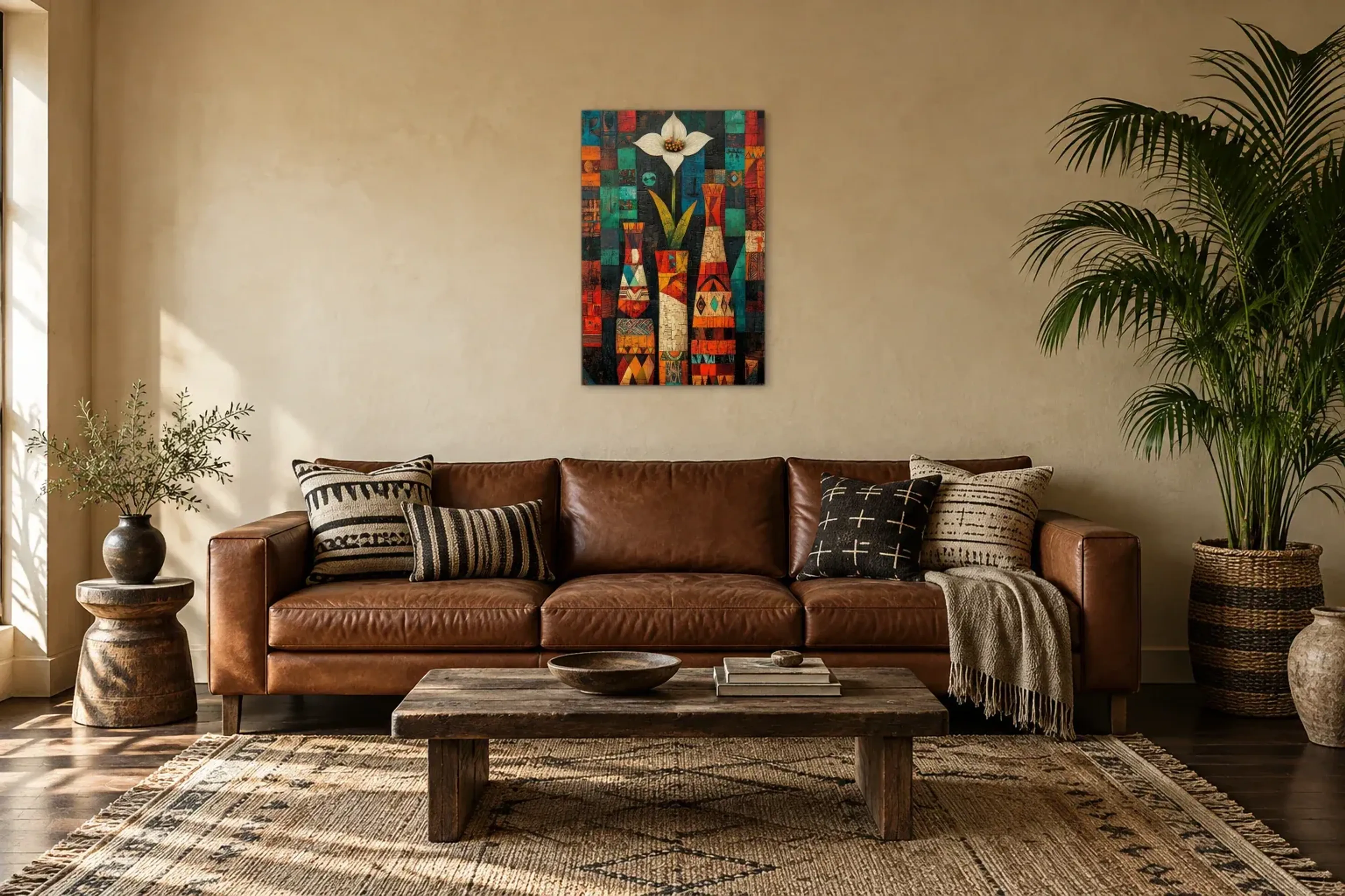 Weiße Blüte zwischen Vasen als Wandbild über einem 220-cm-Sofa