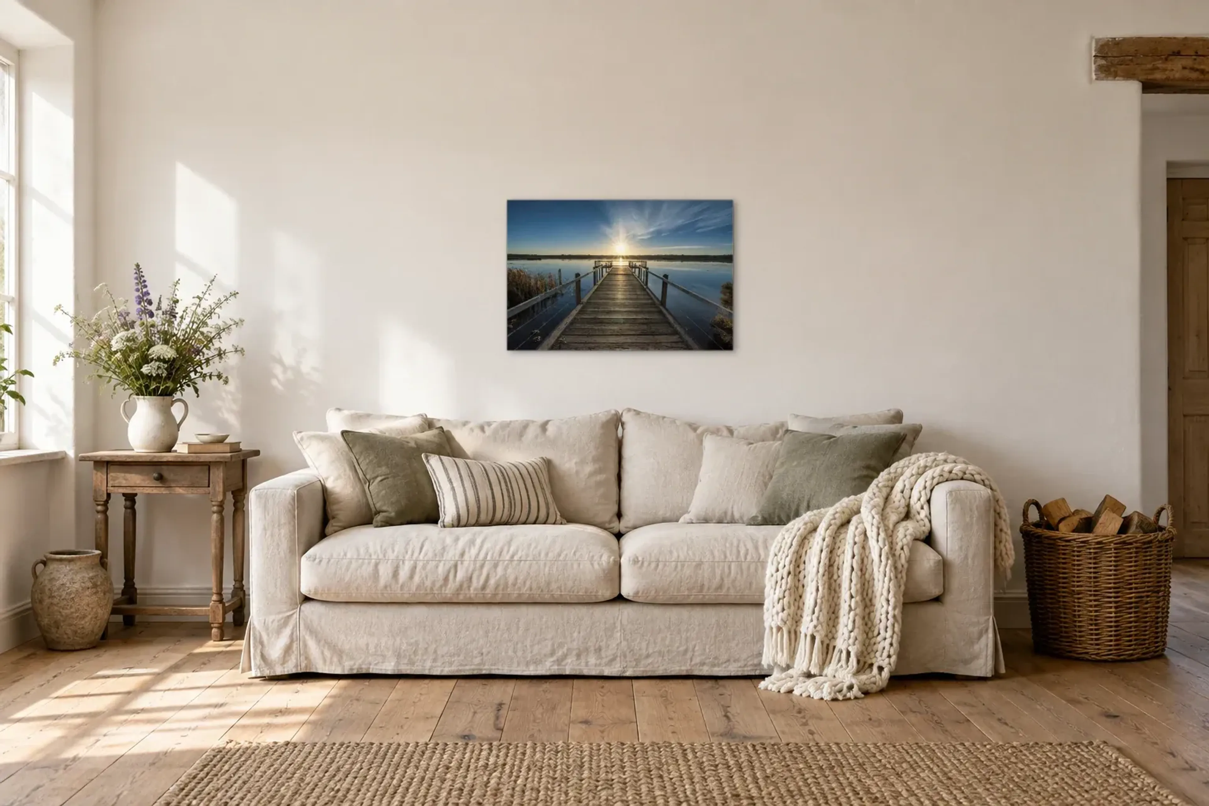Steg zur tiefstehenden Sonne als Wandbild über einem 220-cm-Sofa