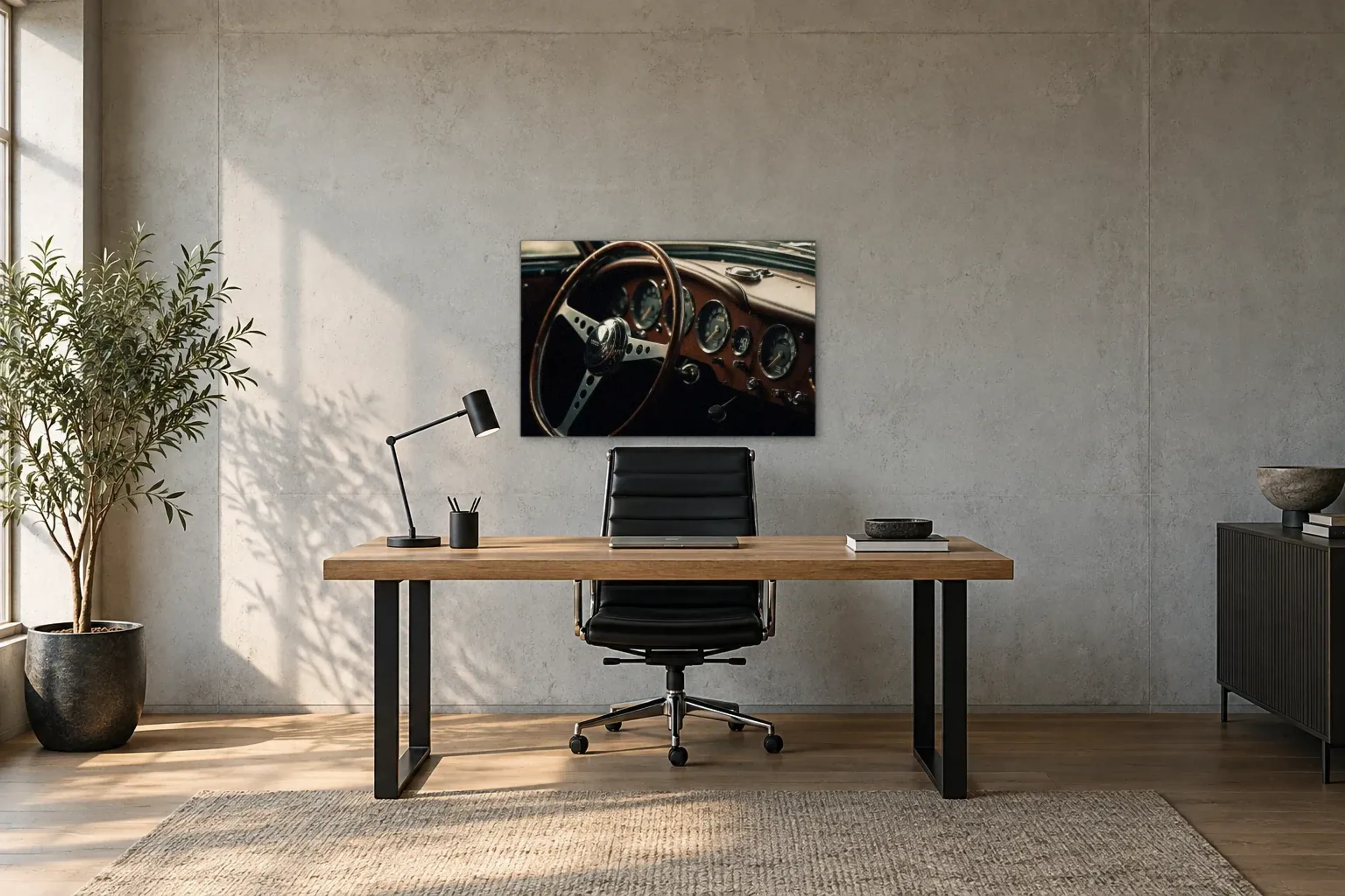 Lenkrad im Oldtimer als Wandbild über einem 160-cm-Schreibtisch
