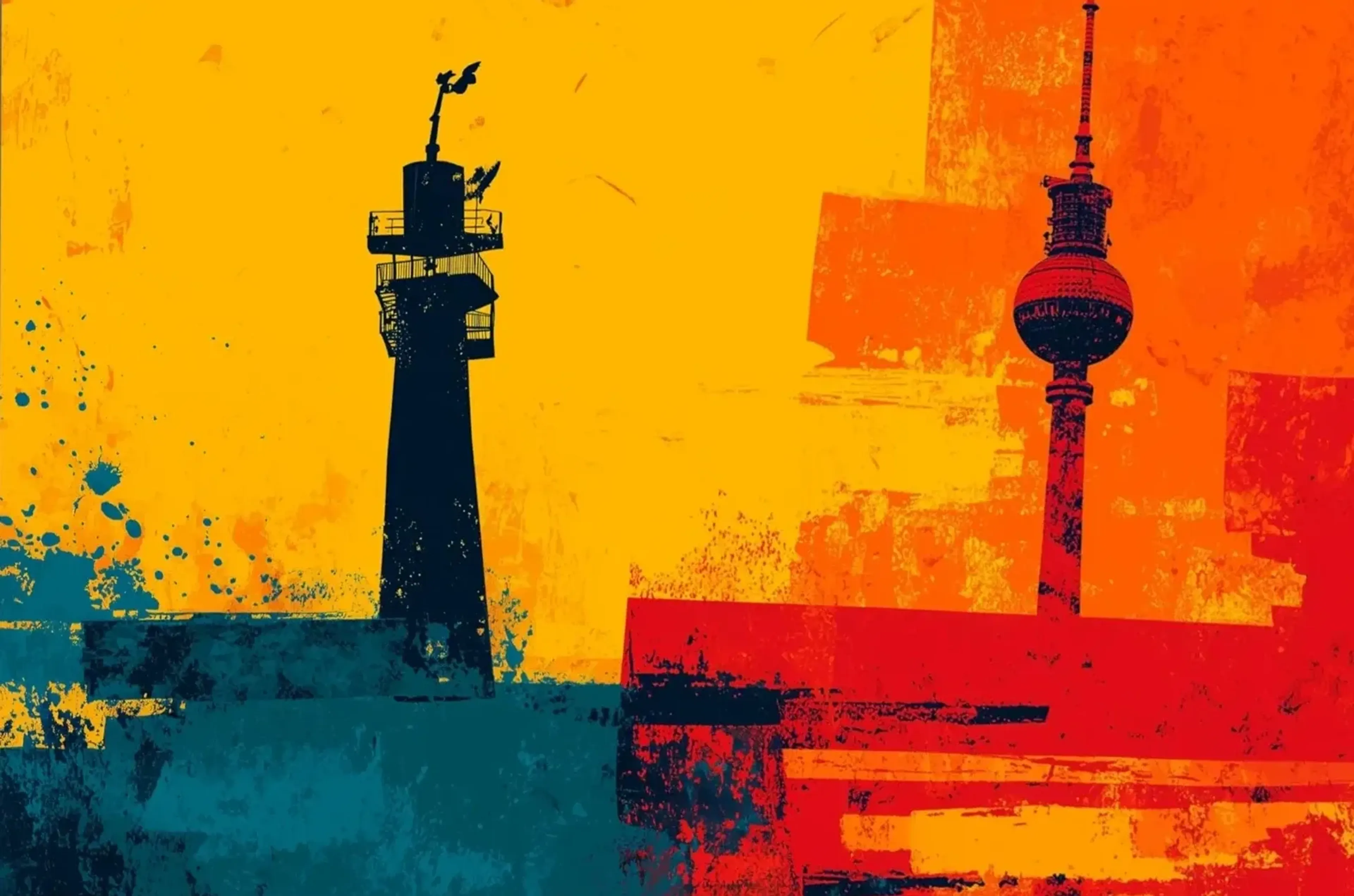 Fernsehturm und dunkler Turm mit Plattformen vor gelben, orangefarbenen, roten und petrolfarbenen Flächen.