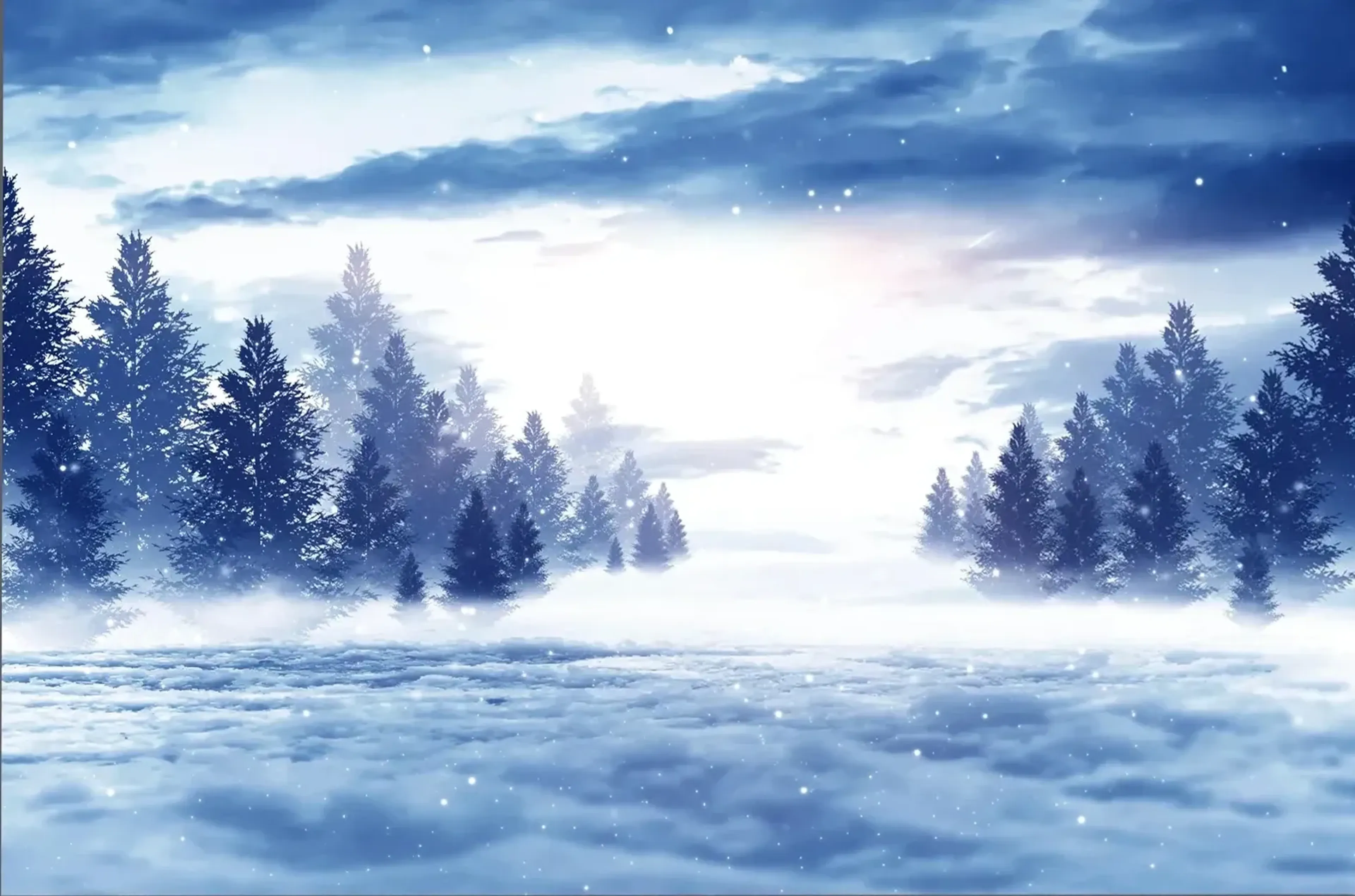 Blaue Nadelbäume umgeben eine verschneite Lichtung mit hellem Dunst und schwebenden Schneeflocken.