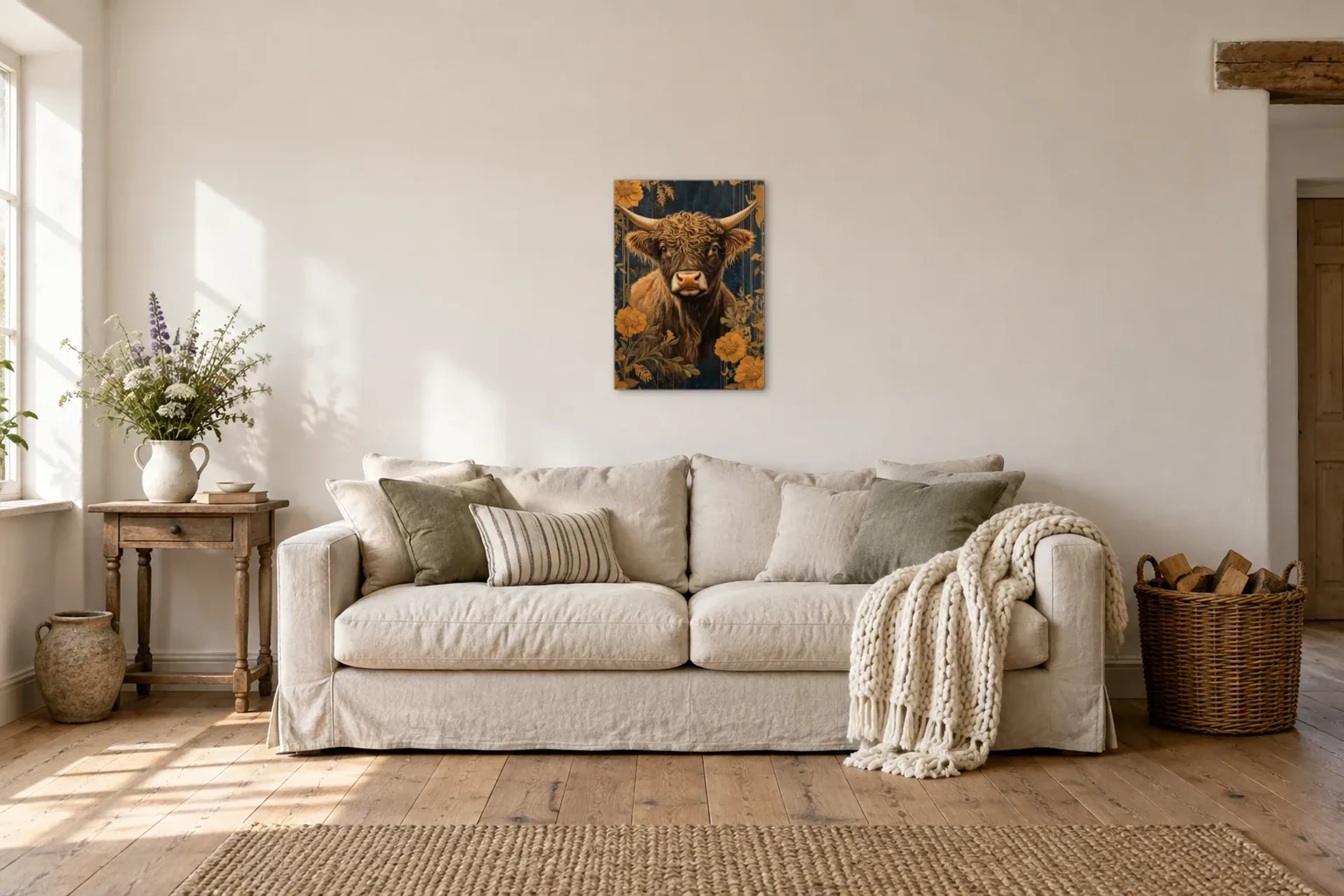 Hochlandrind in Goldtönen als Wandbild über einem 220-cm-Sofa