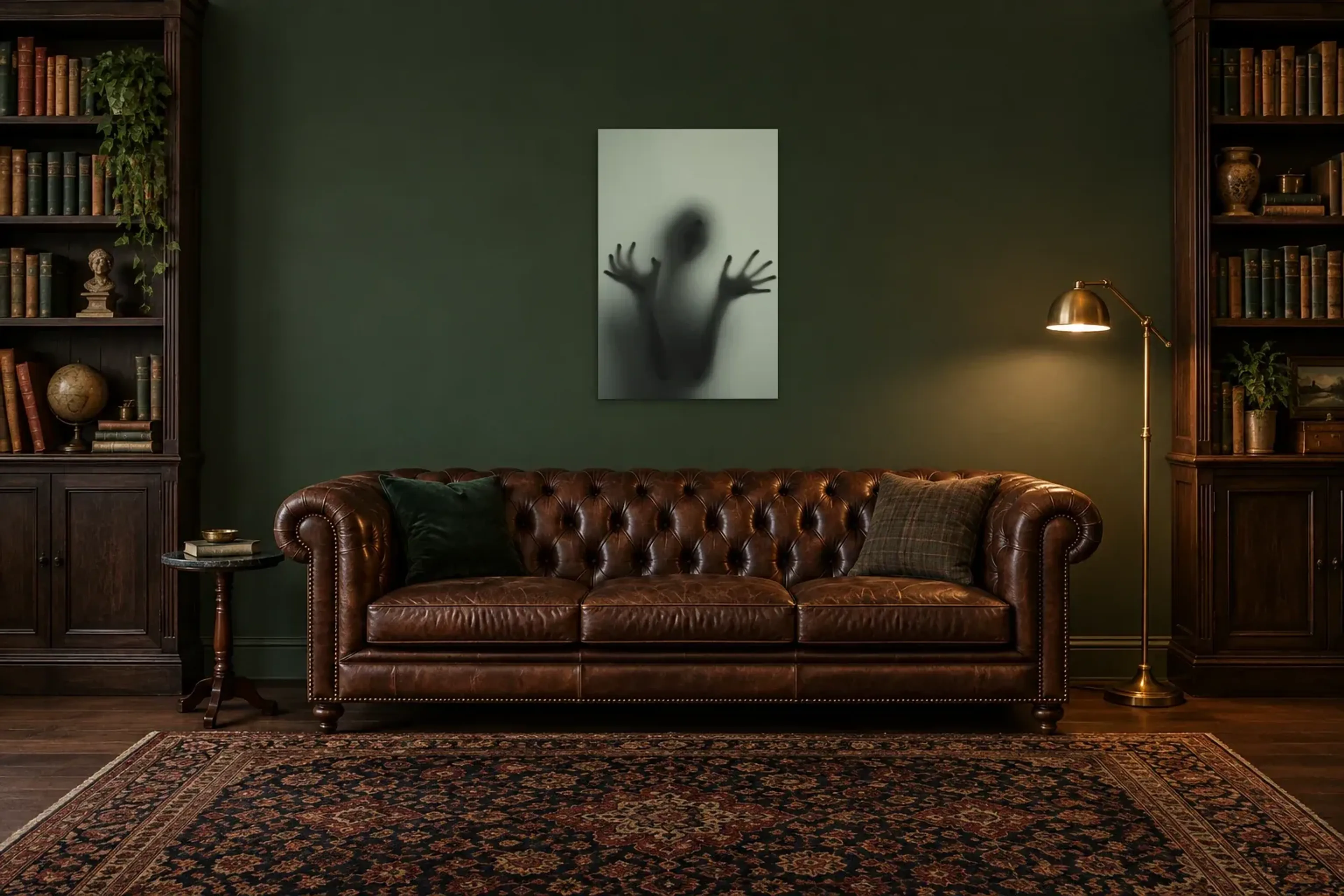 Gestalt hinter matter Scheibe als Wandbild über einem 200-cm-Chesterfield-Sofa