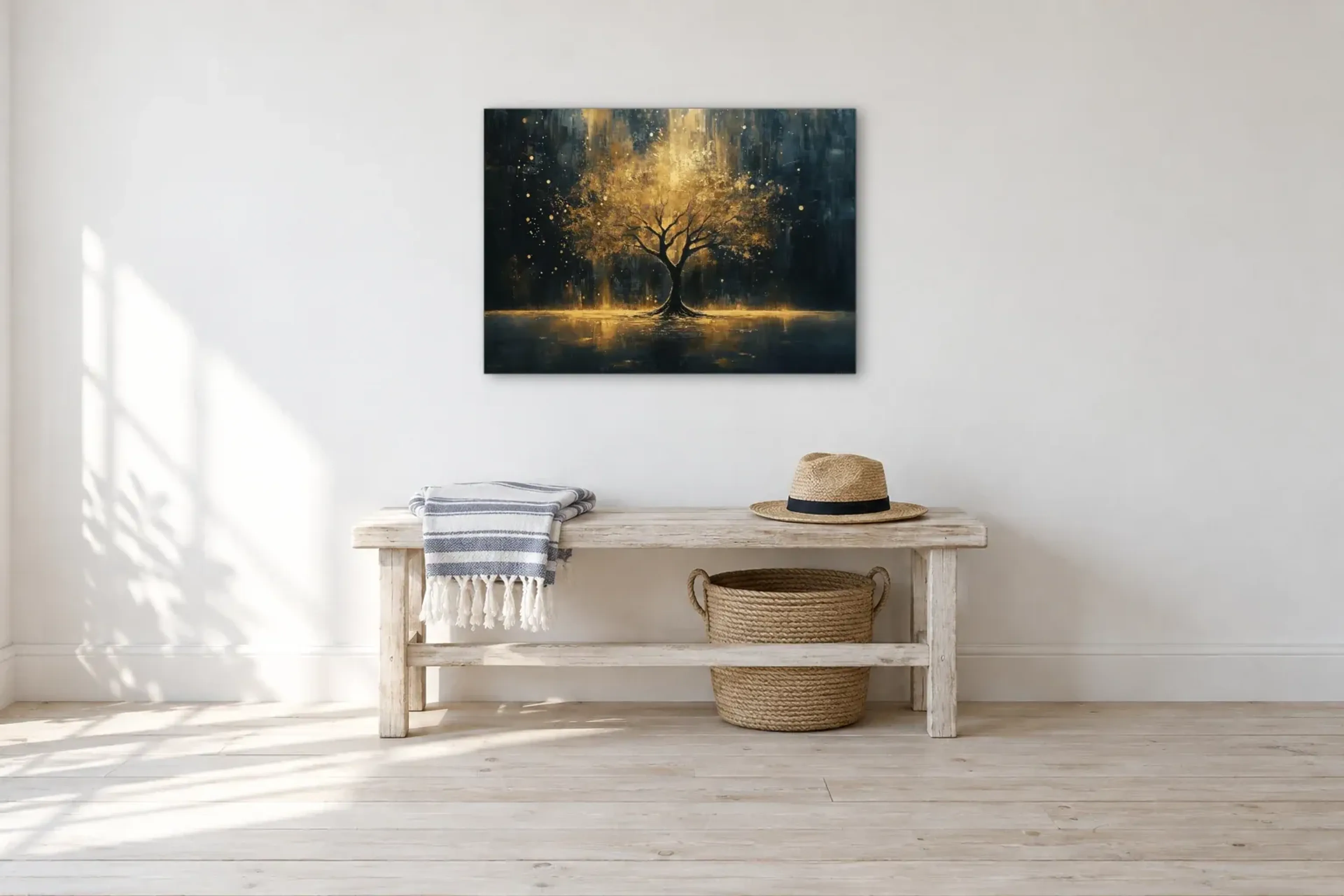 Lebensbaum Gold als Wandbild über einer 100-cm-Bank