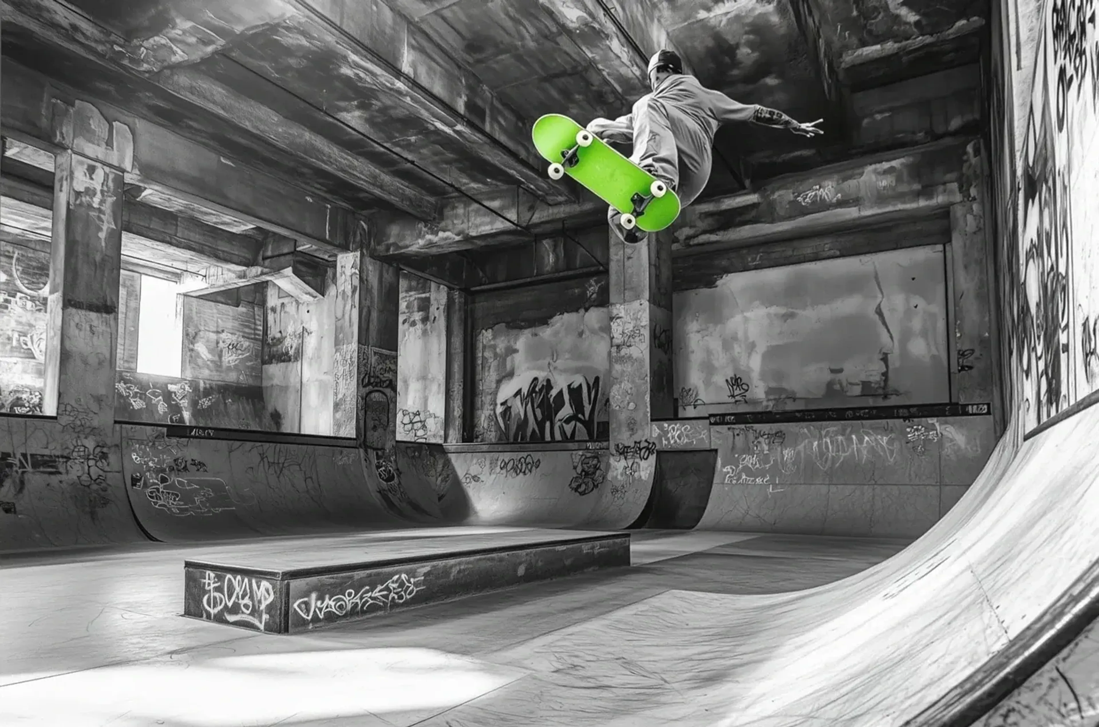 Ein Skater springt mit einem grünen Skateboard in einer schwarzweißen Halle mit Rampen und Graffiti.