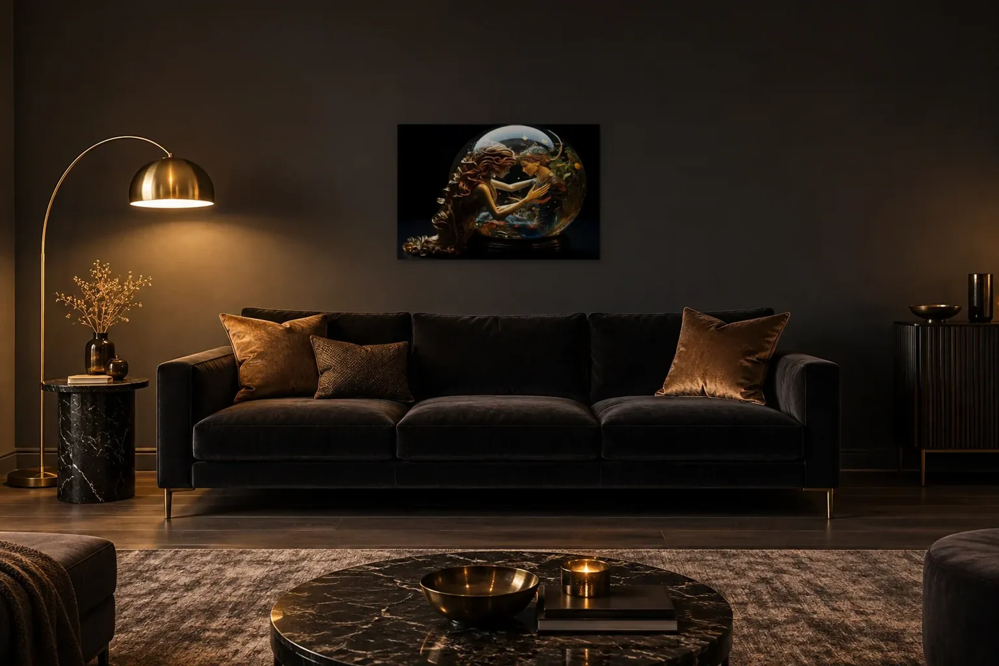 Begegnung an der Glaskugel als Wandbild über einem 220-cm-Sofa