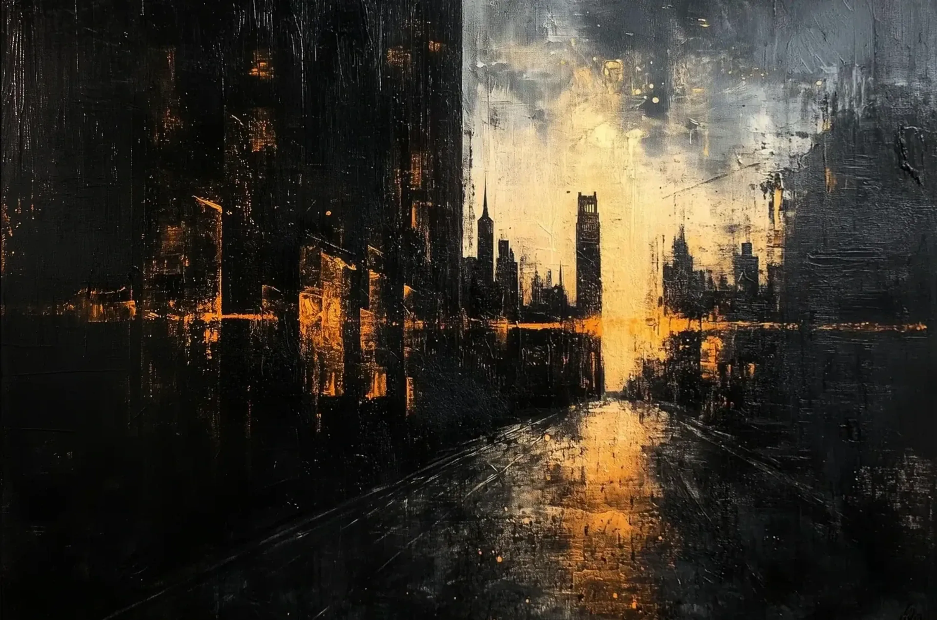 Stadt im Abendlicht – Motiv als Wandbild auf Holz