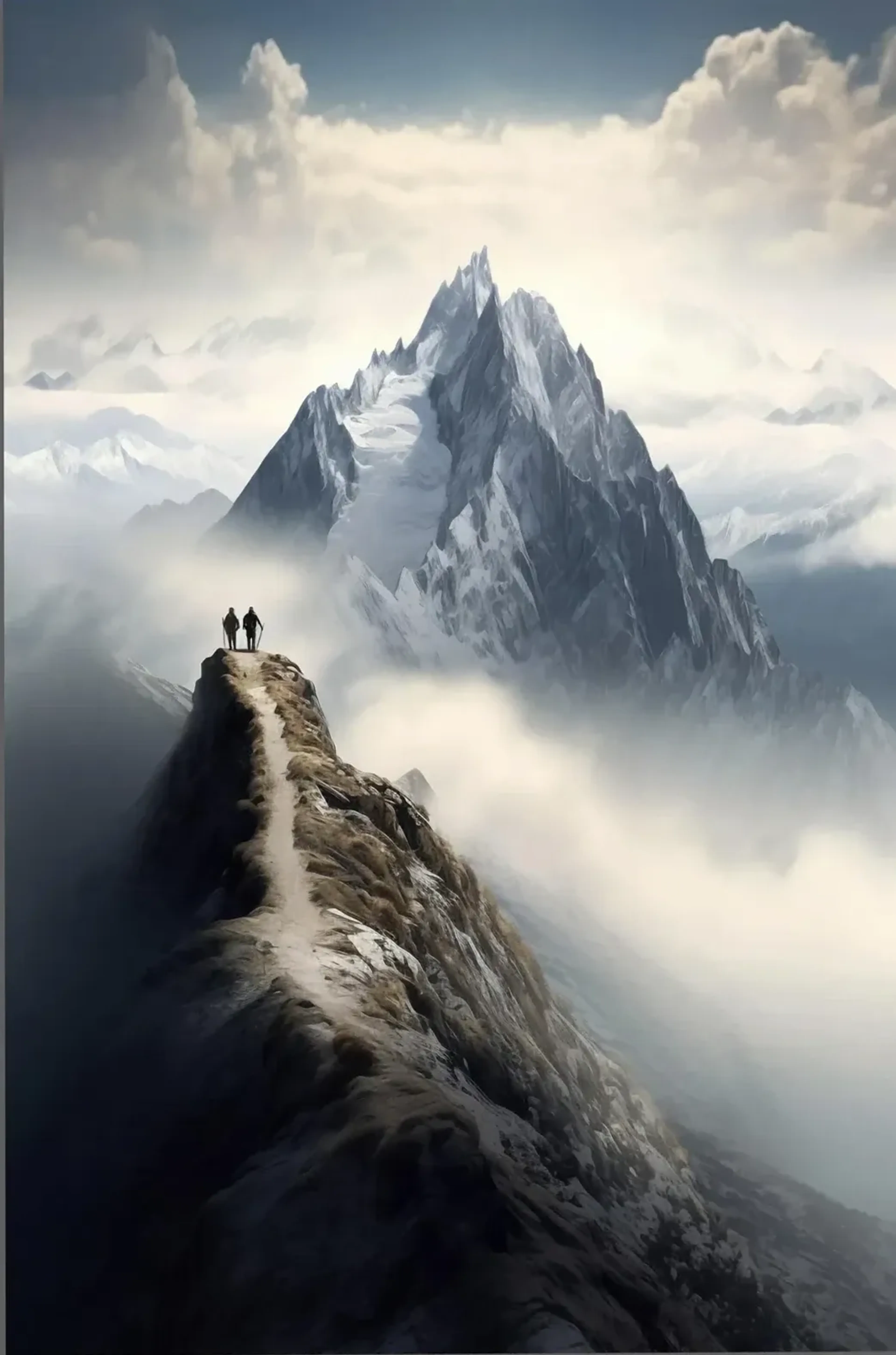 Zwei Menschen stehen auf einem schmalen Felsgrat vor einem schneebedeckten Gipfel in hellen Wolken.