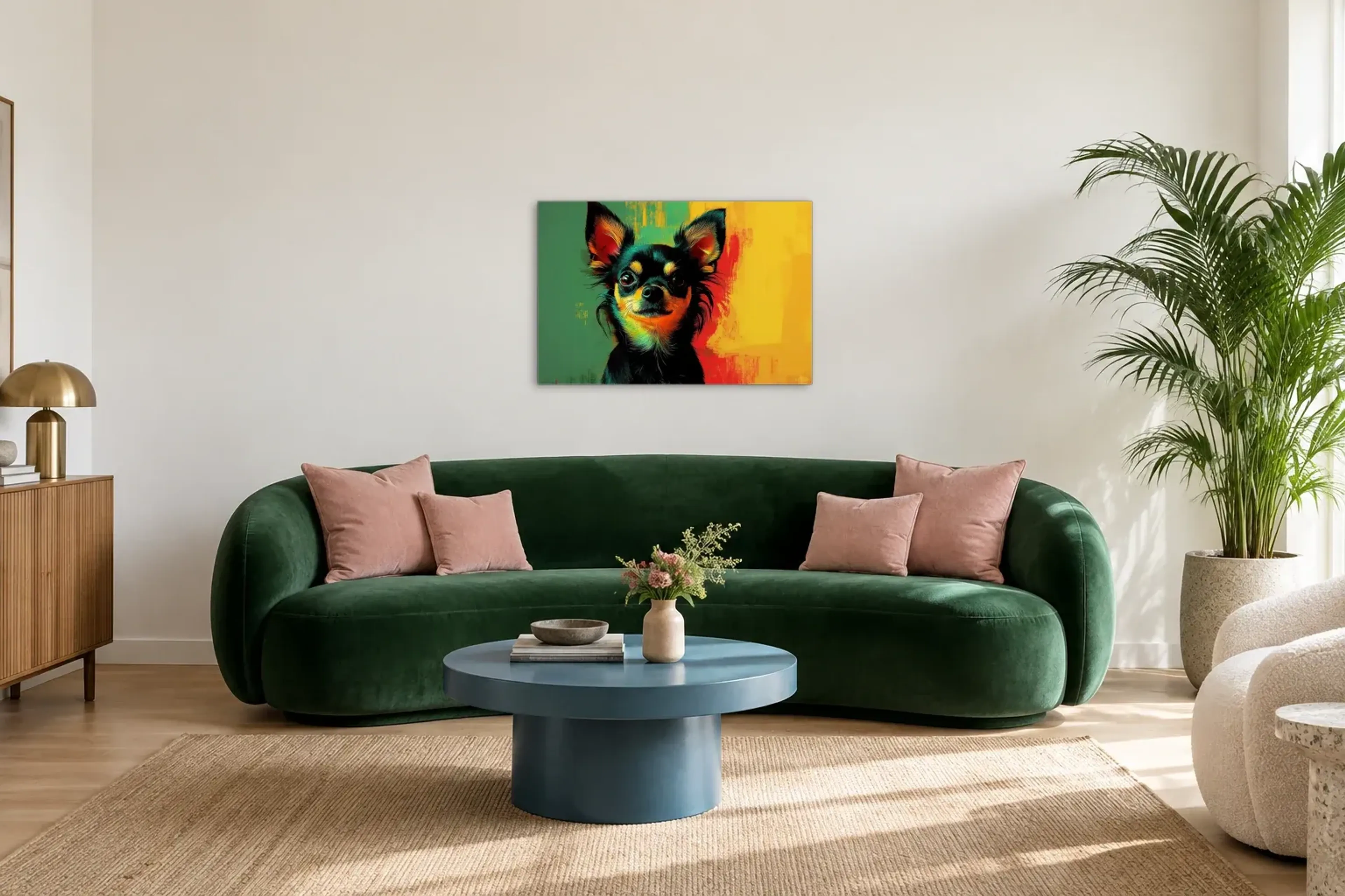 Chihuahua mit wachem Blick als Wandbild über einem 220-cm-Sofa