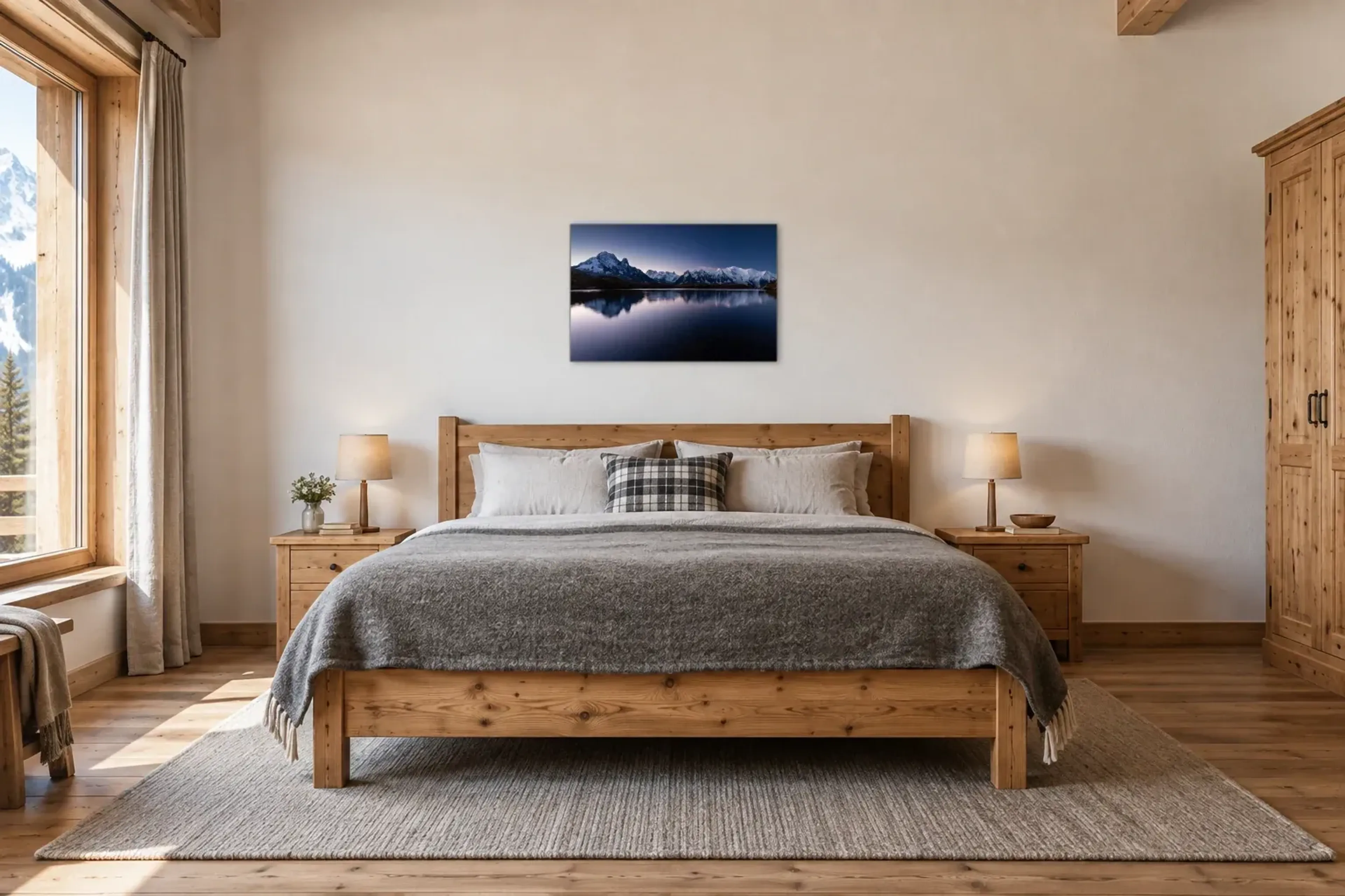 Bergsee als Wandbild über einem 180-cm-Bett