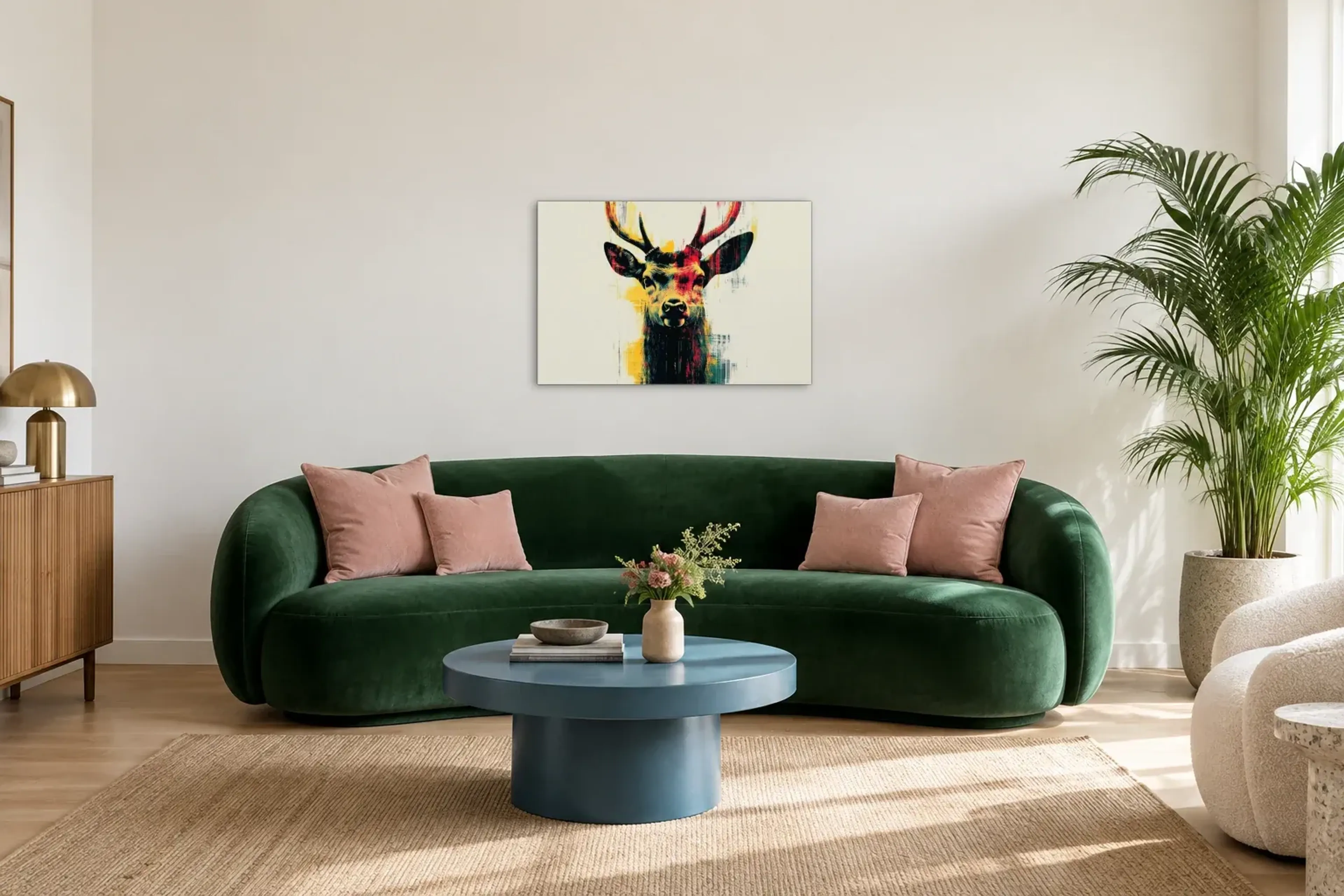 Hirsch mit Farbspuren als Wandbild über einem 220-cm-Sofa