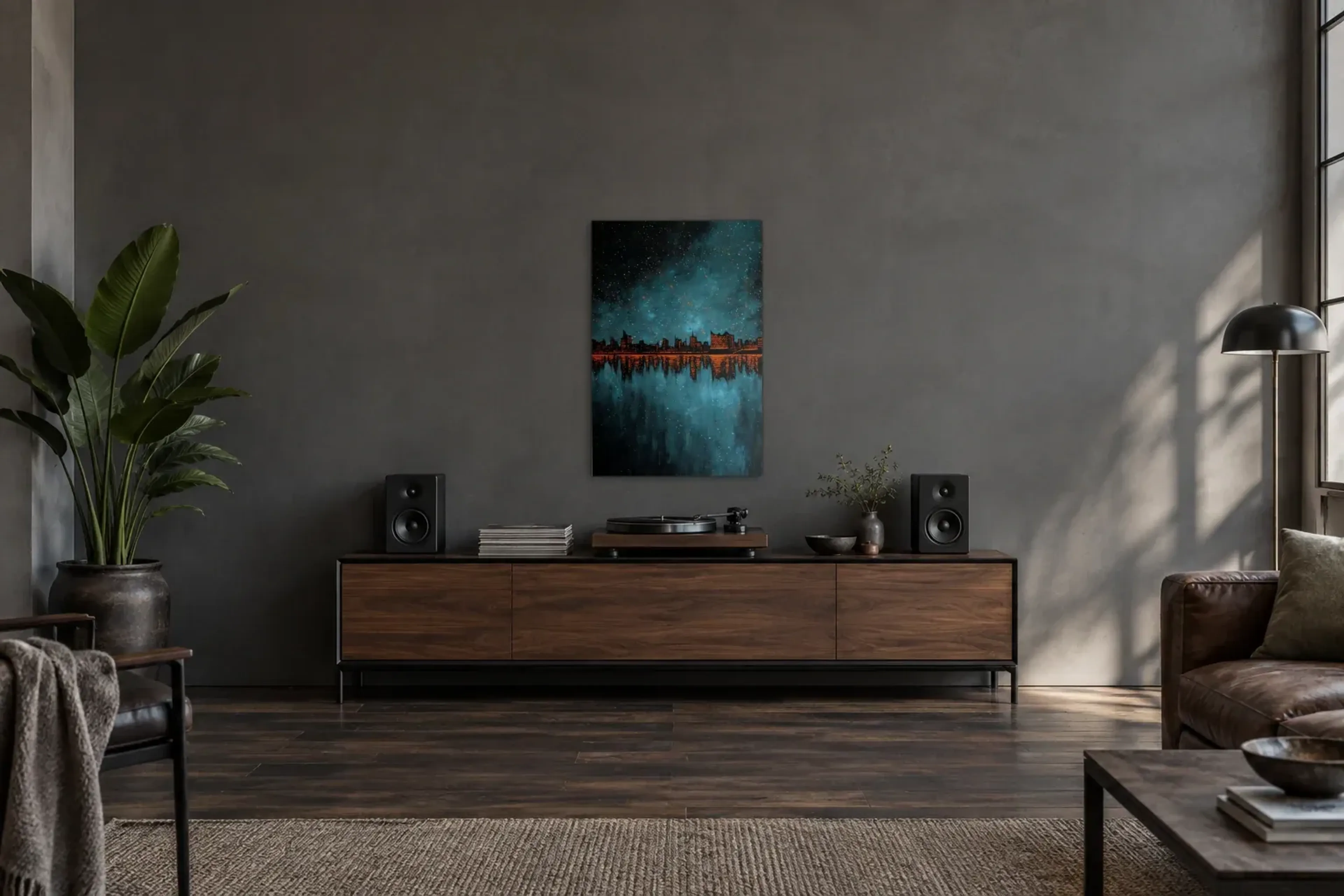 Hamburg im Sternenschimmer als Wandbild über einem 200-cm-Sideboard