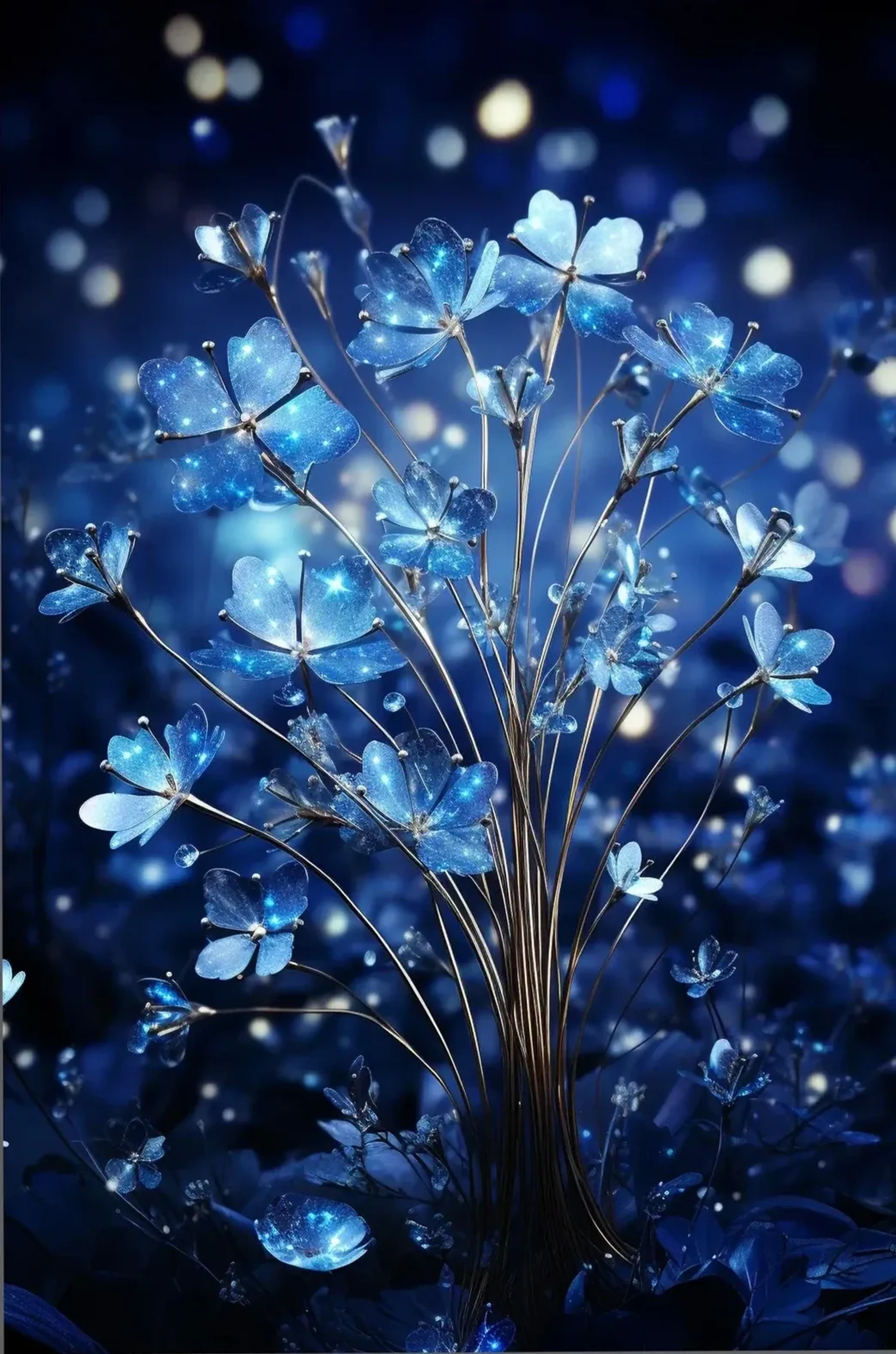 Durchscheinende blaue Blüten mit funkelnden Lichtpunkten stehen an dünnen Stielen vor tiefblauem Hintergrund.