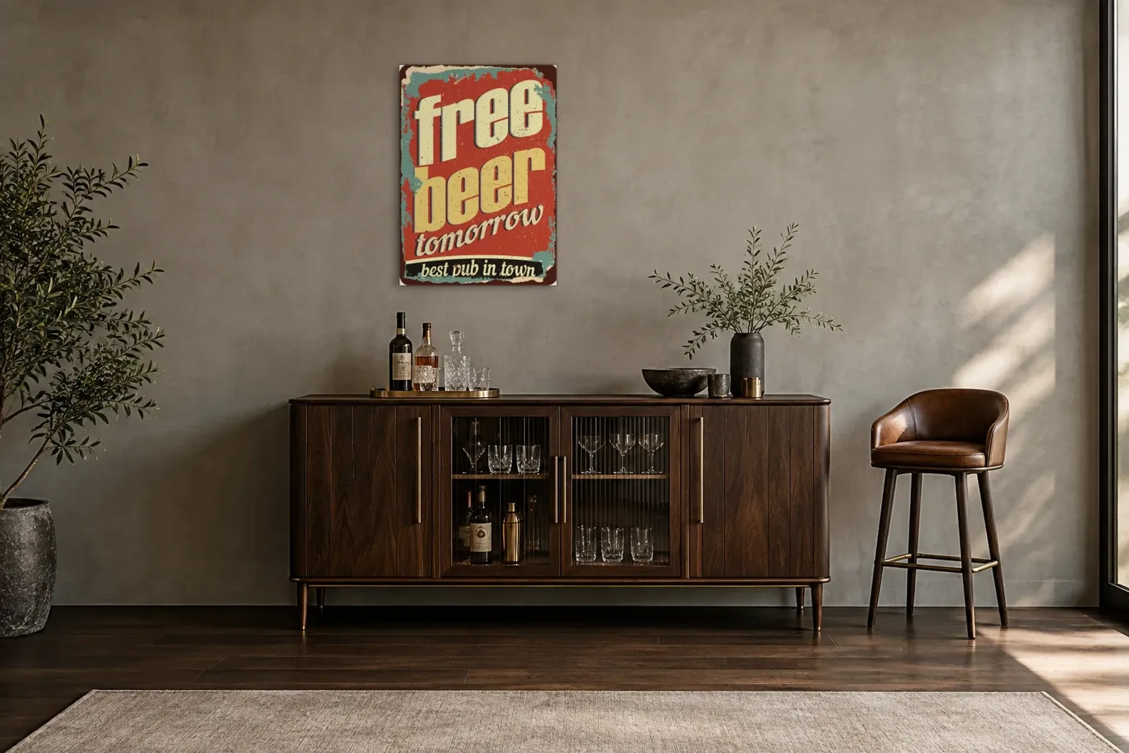Freibier Free beer als Wandbild über einem 150-cm-Barschrank