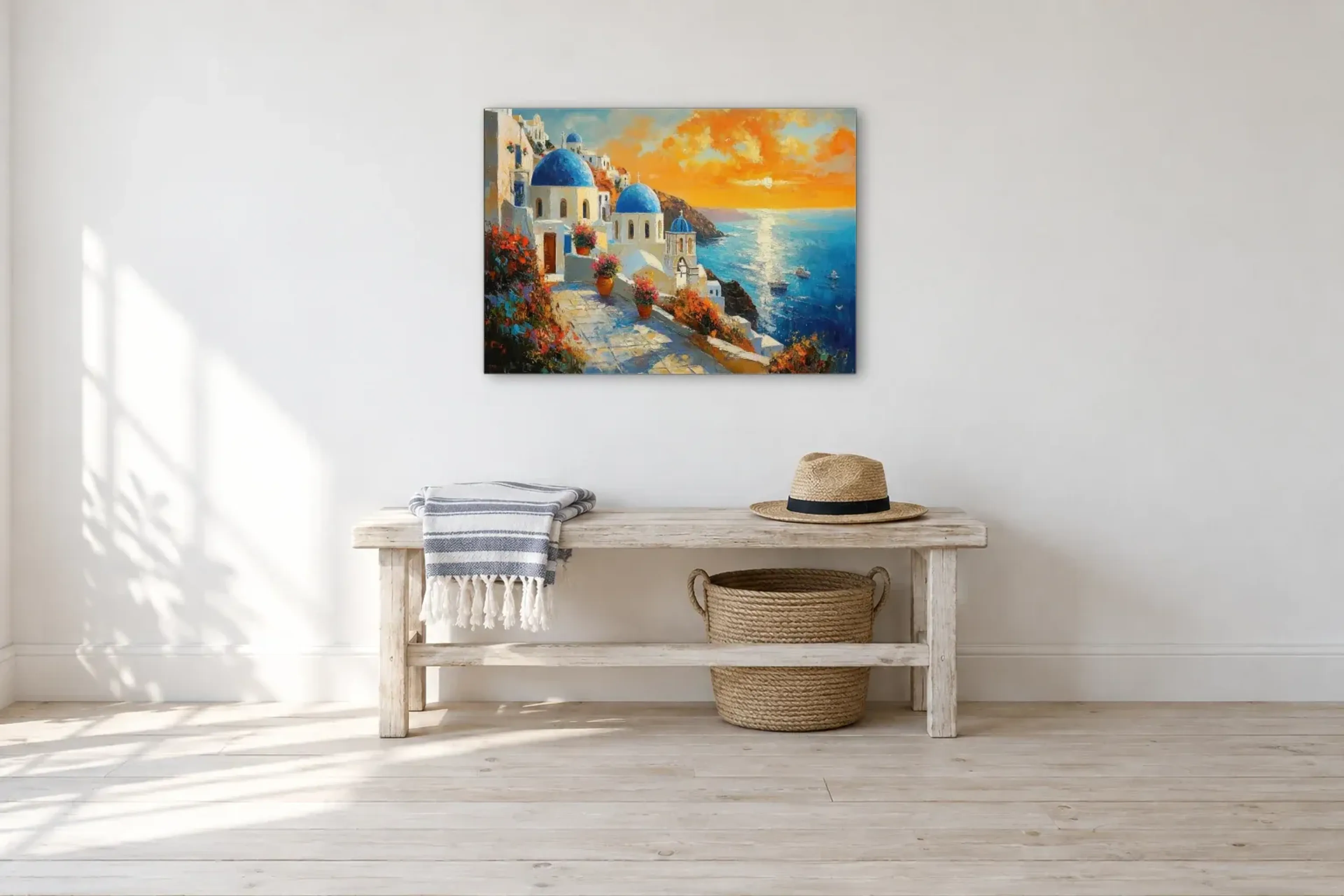 Küstenabend mit blauen Kuppeln als Wandbild über einer 100-cm-Bank