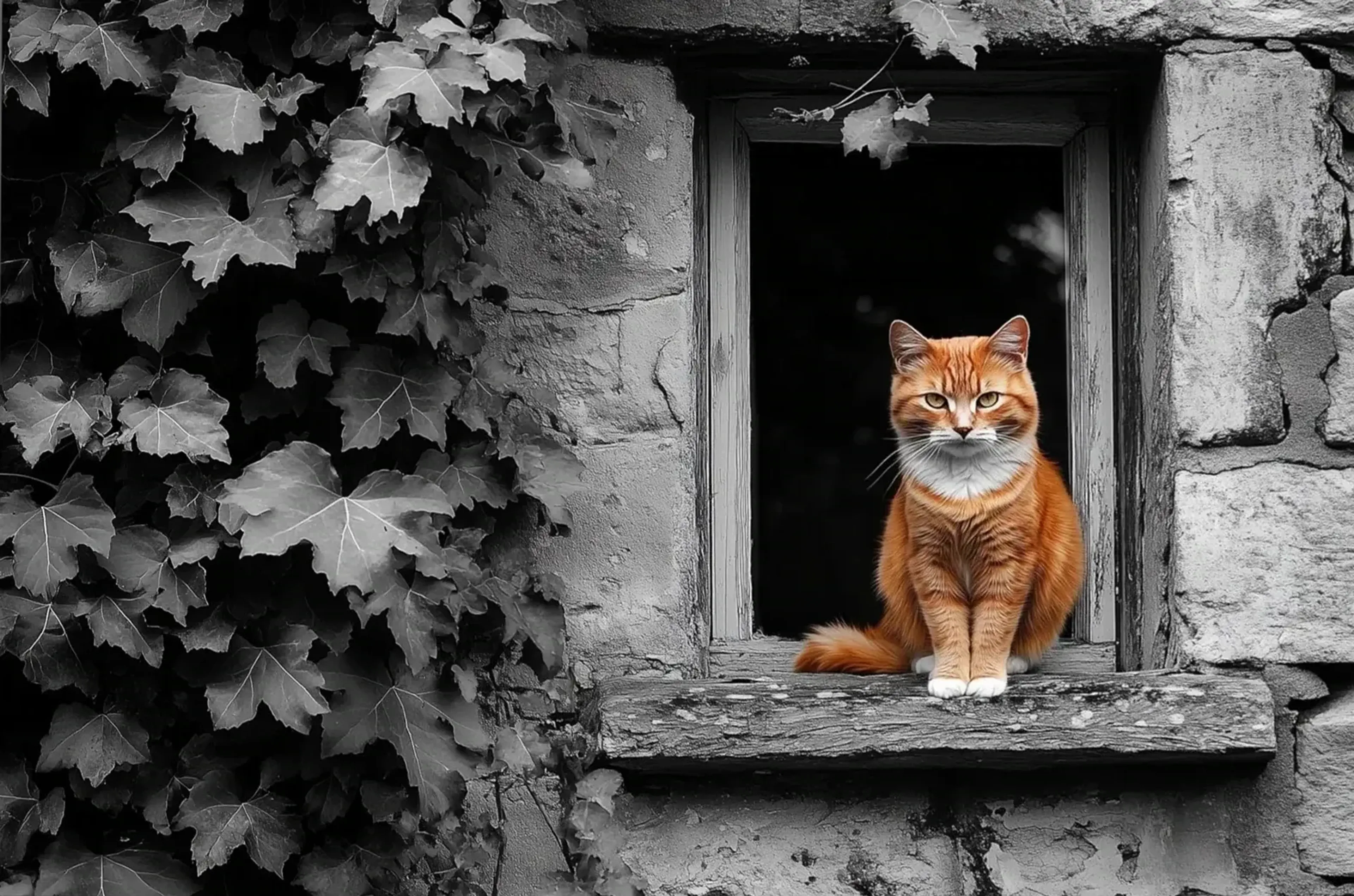 Orange getigerte Katze mit weißer Brust auf einem alten Fenstersims, umgeben von Steinmauer und grauem Blattwerk.