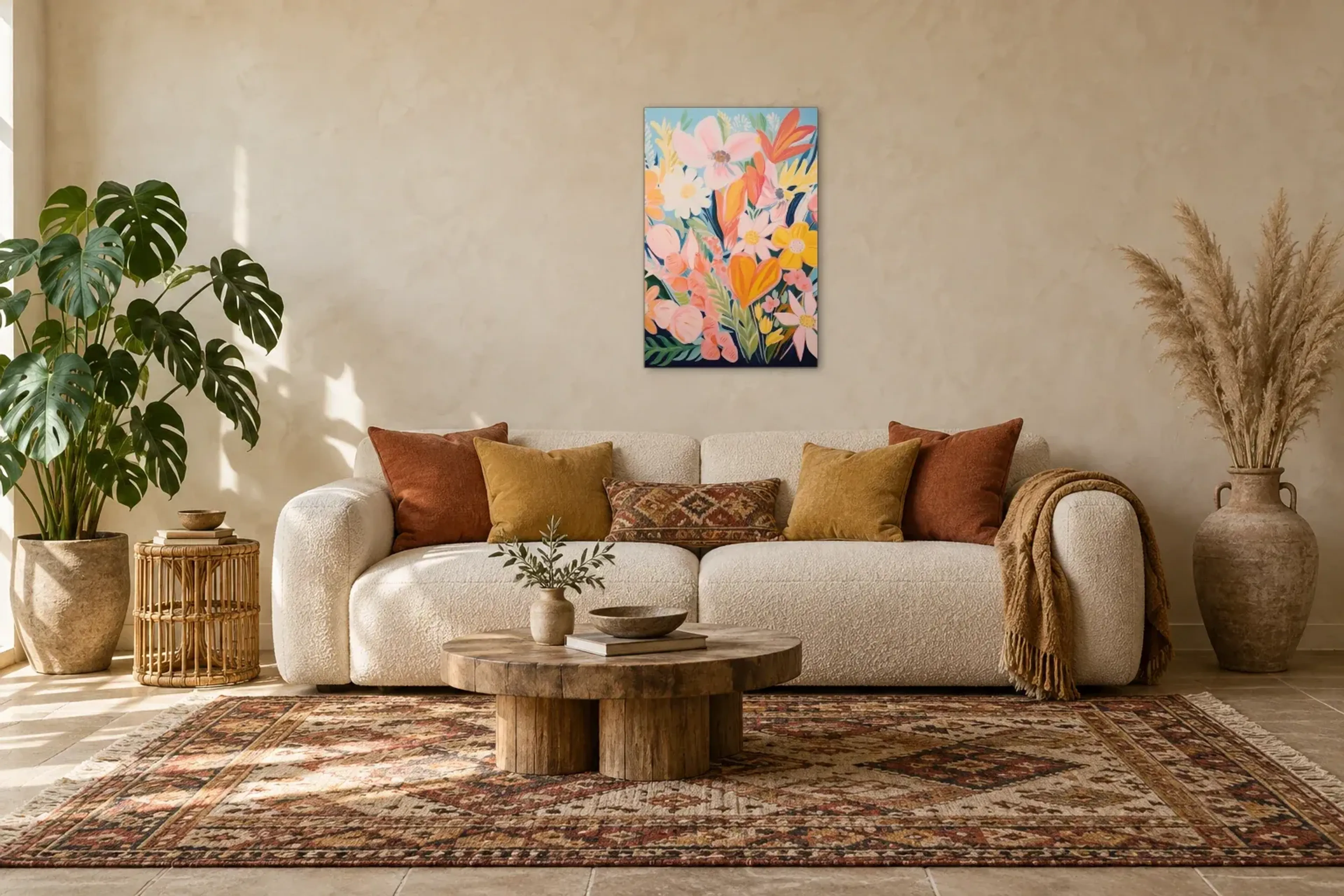 Blüten in Rosa und Gelb als Wandbild über einem 220-cm-Sofa