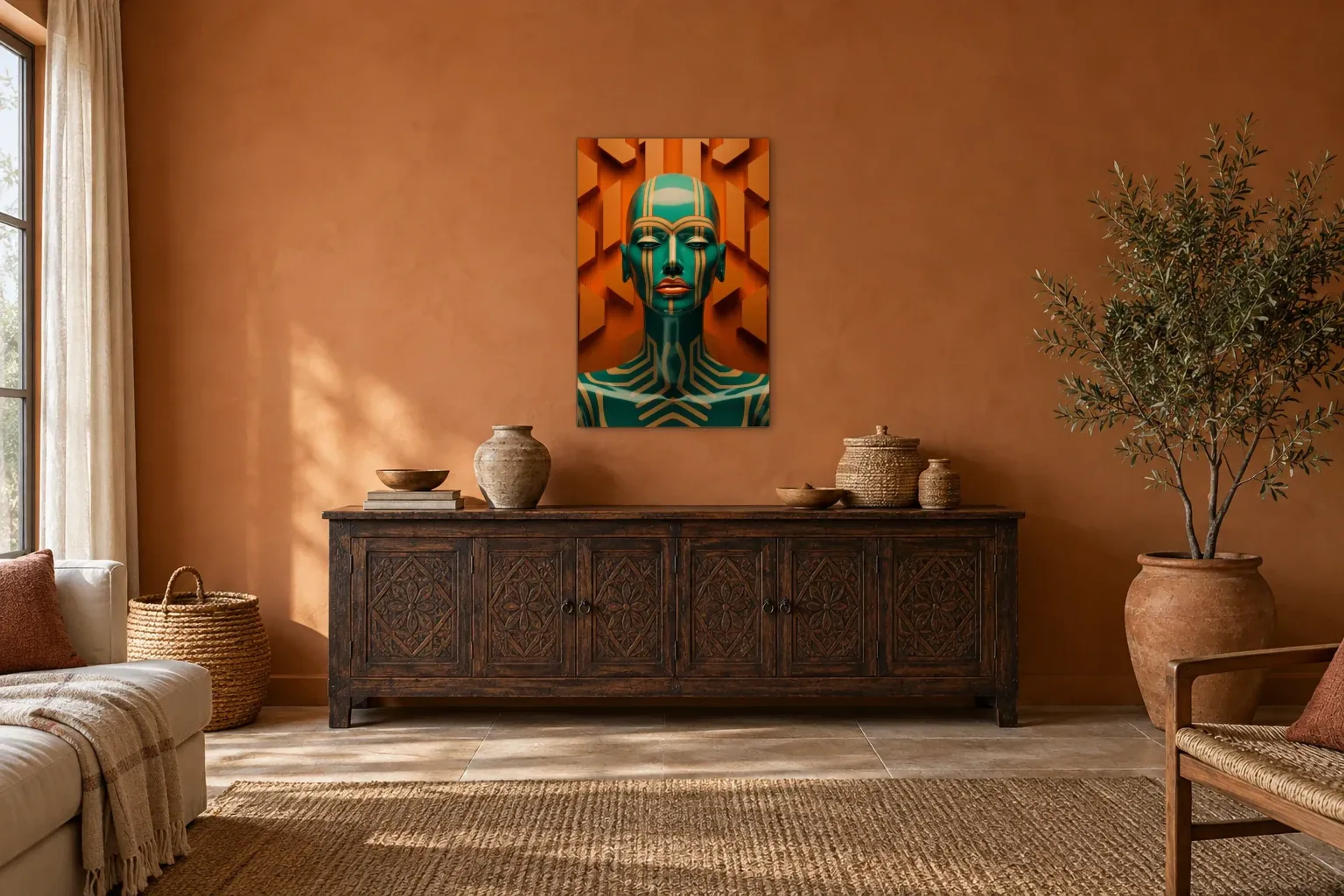 Türkises Gesicht mit Goldlinien als Wandbild über einem 180-cm-Sideboard