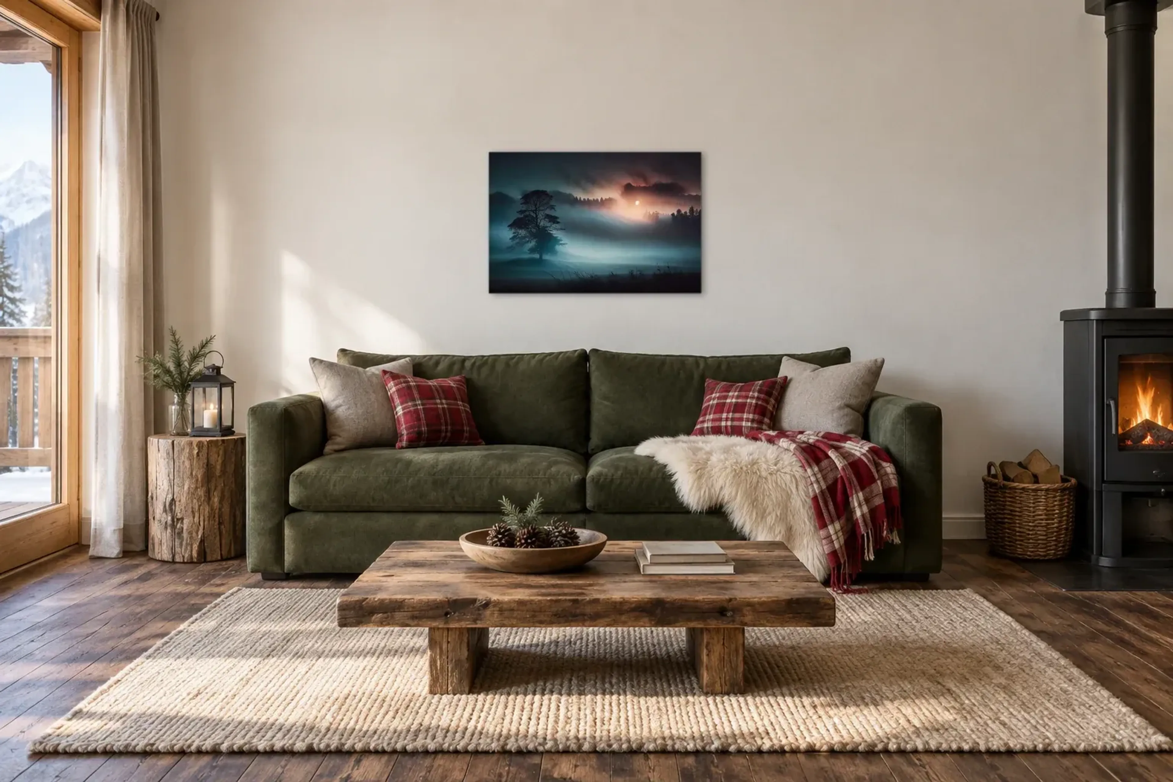 Baum im Nebel als Wandbild über einem 220-cm-Sofa