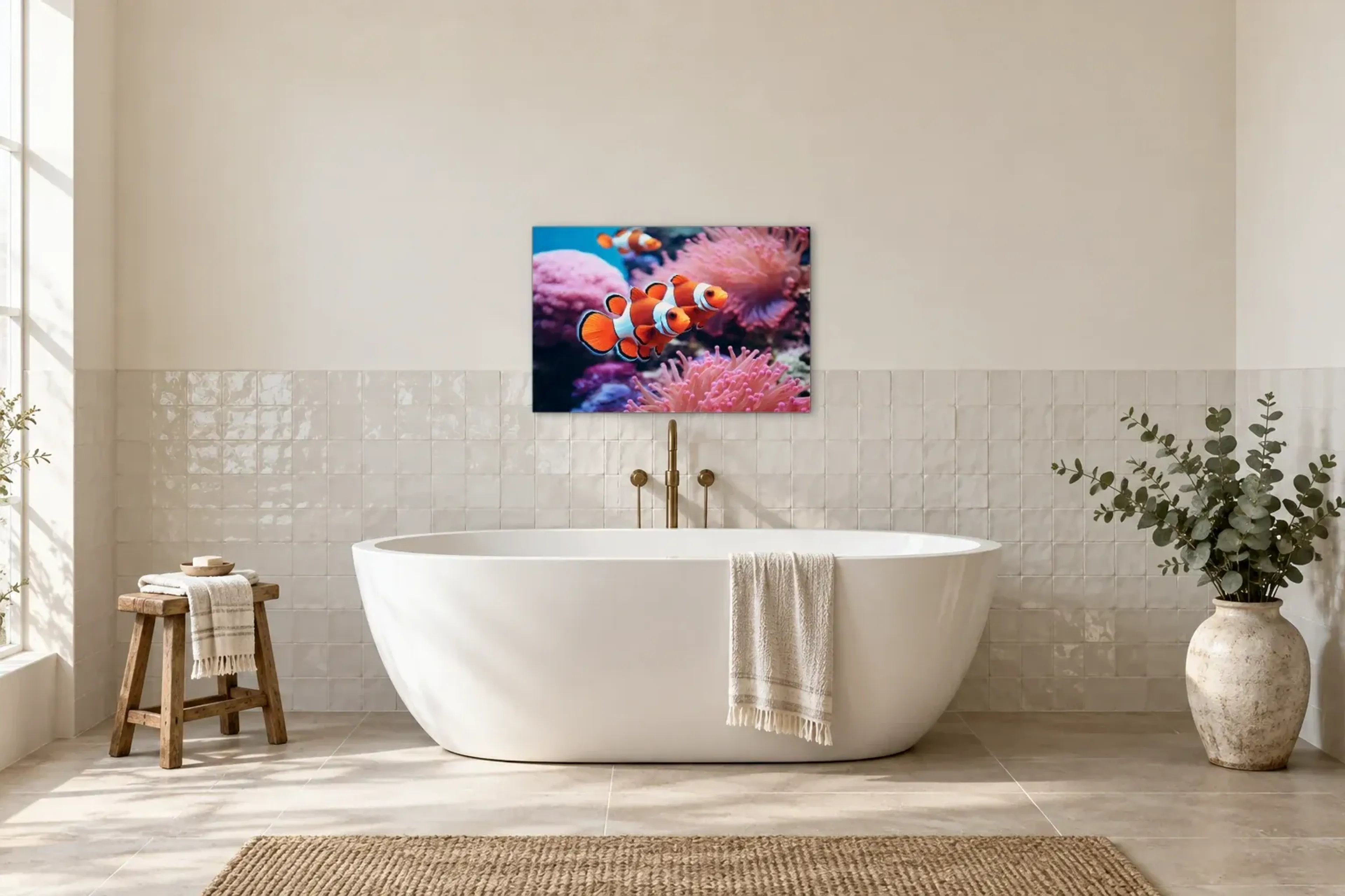 Anemonenfische im Rosa als Wandbild über einer 170-cm-Badewanne