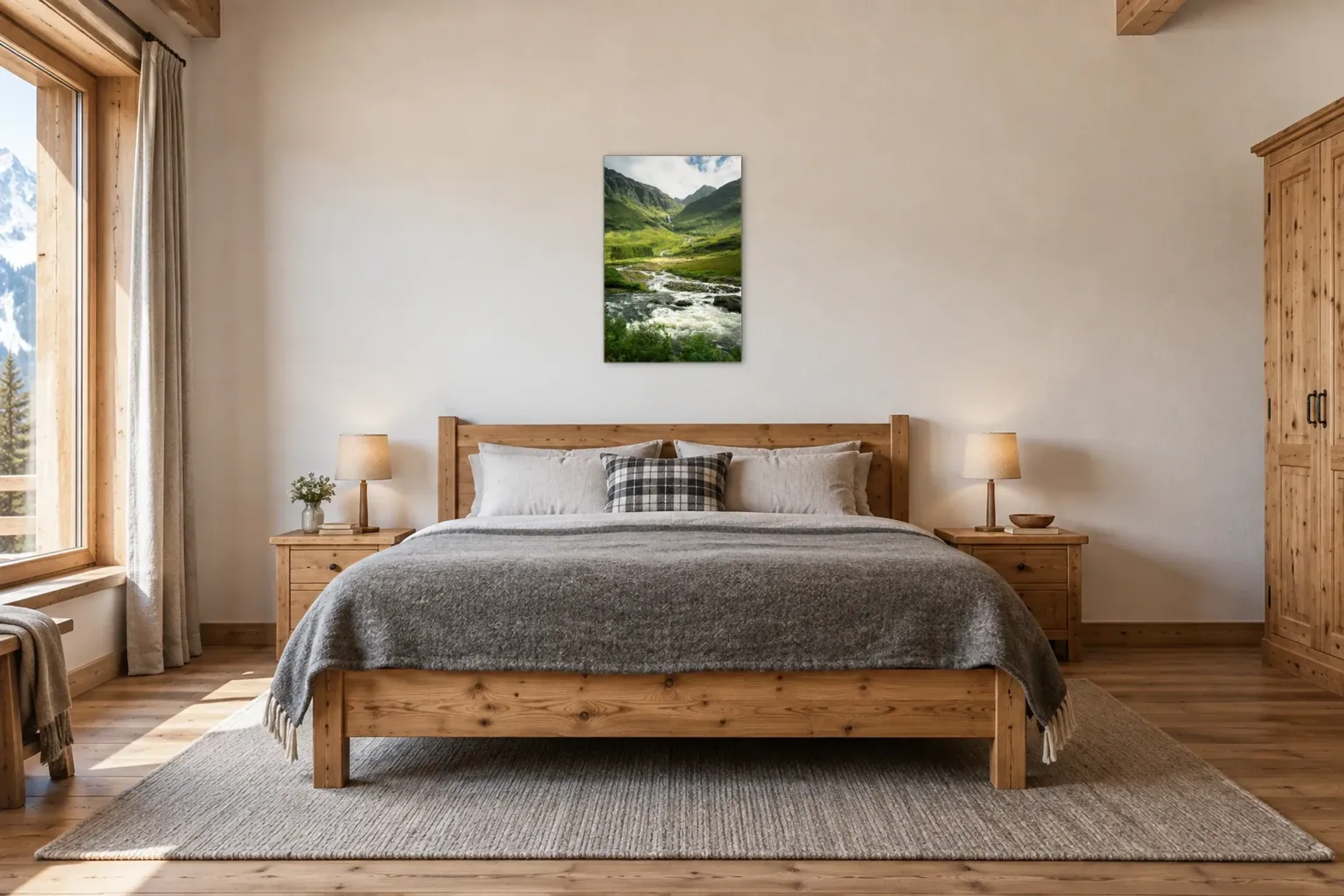 Bach im Gebirge als Wandbild über einem 180-cm-Bett