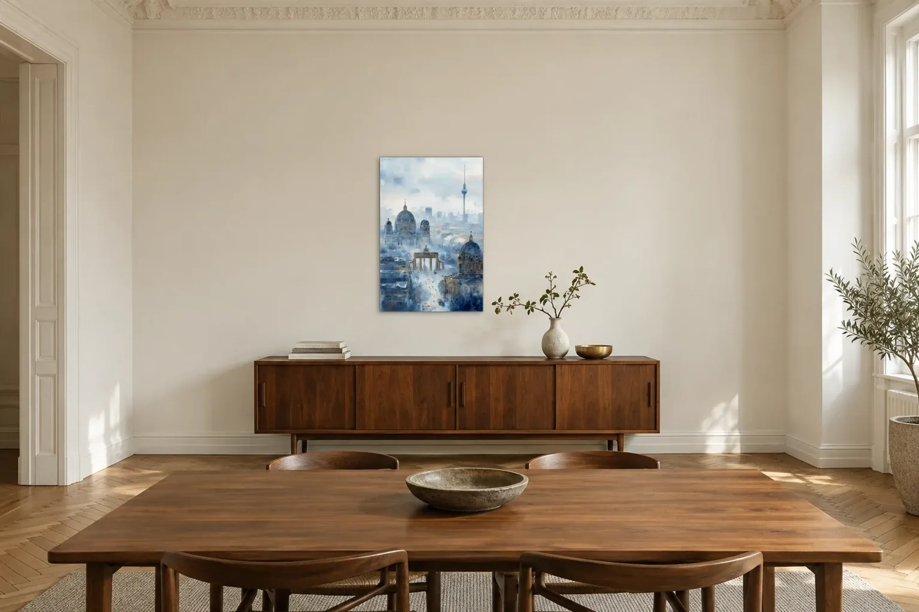 Berlin in Blau und Gold als Wandbild über einem 200-cm-Sideboard